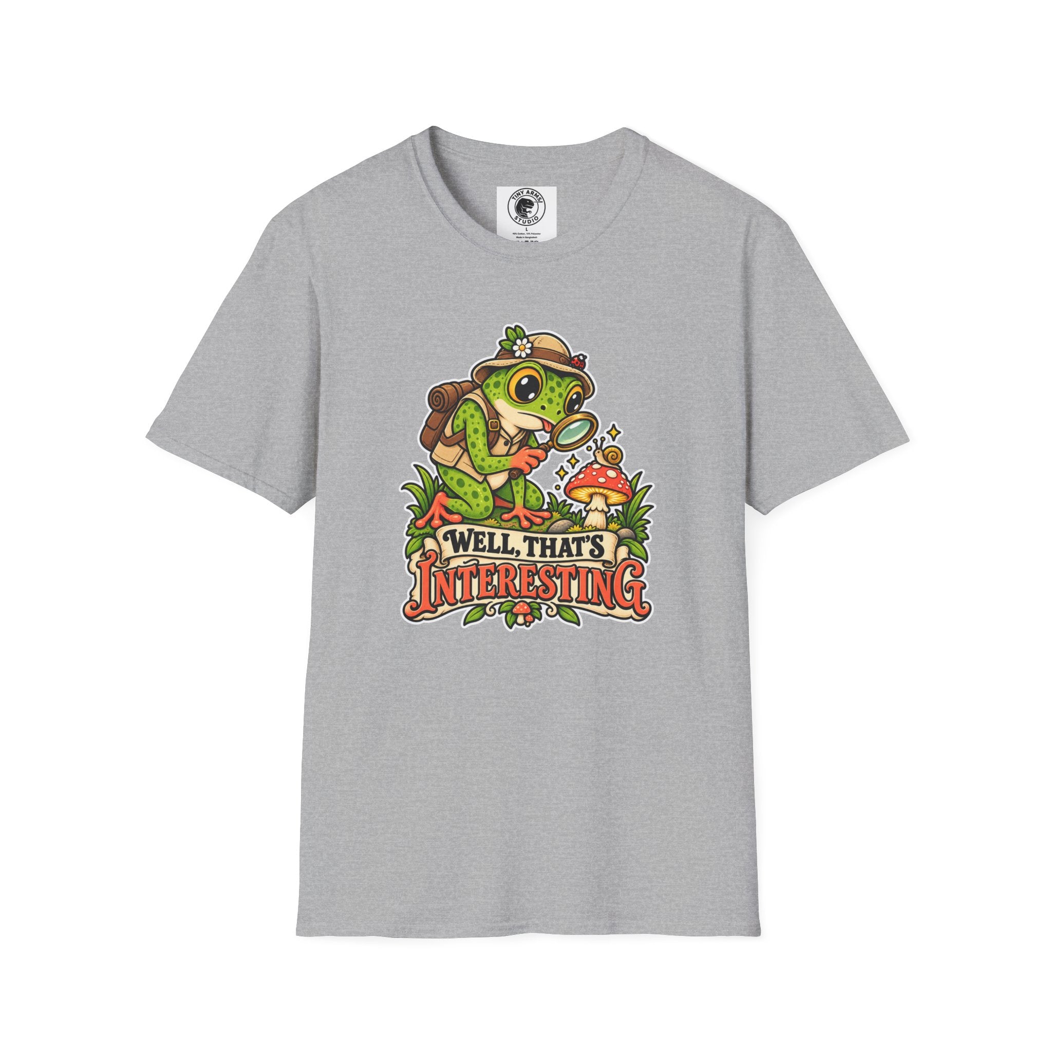 Curious Frog Explorer Magnifying Glass T-Shirt | Mushroom Nature Illustration