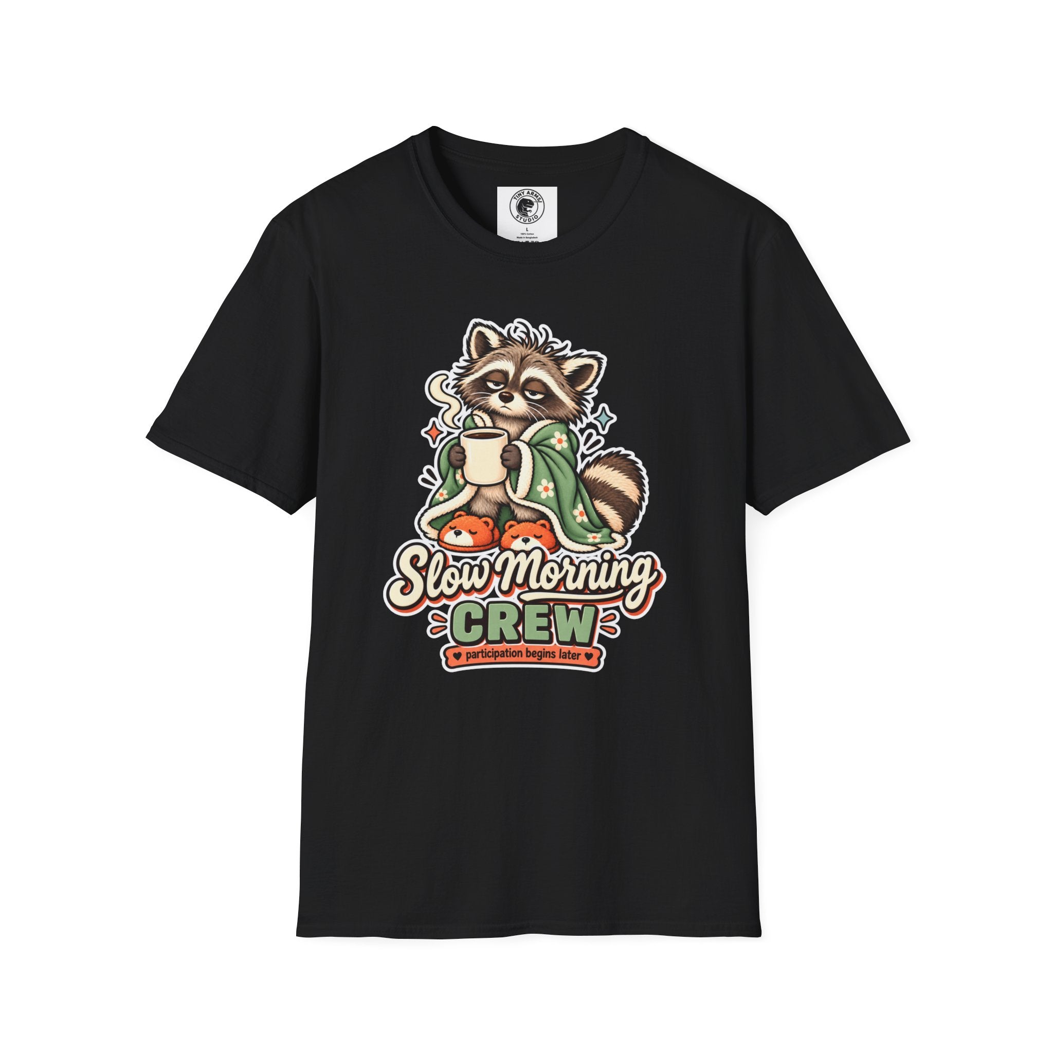Cozy Raccoon with Coffee T-Shirt | Slow Morning Crew Design