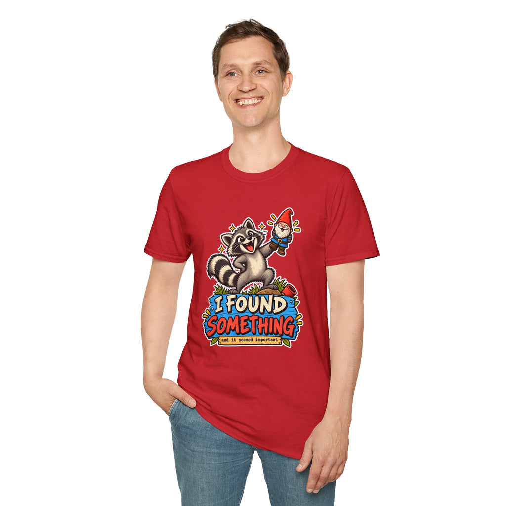 Playful Raccoon Holding Garden Gnome T-Shirt | I Found Something Graphic Tee