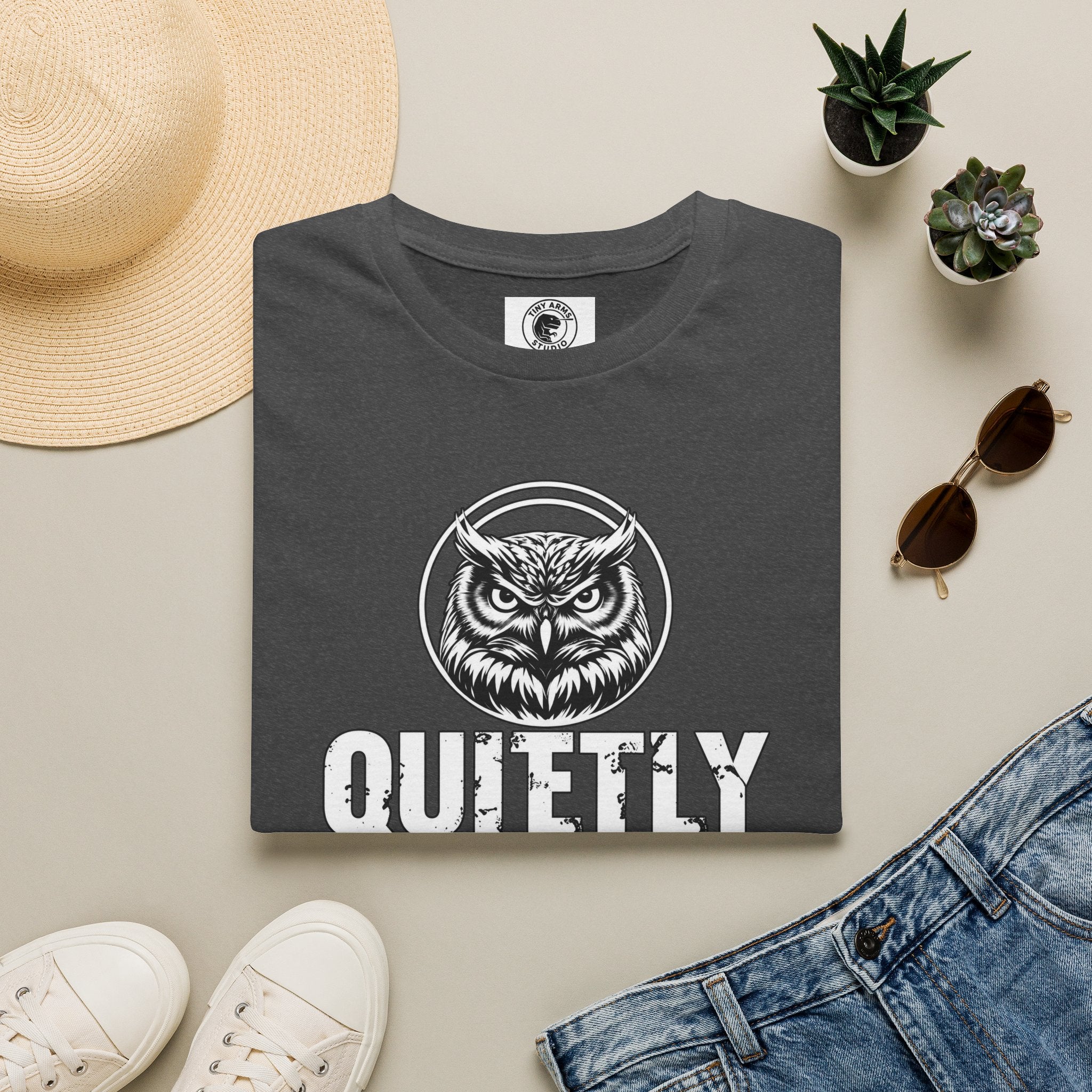 Quietly Making It Weird owl illustration T-Shirt | Vintage black line art