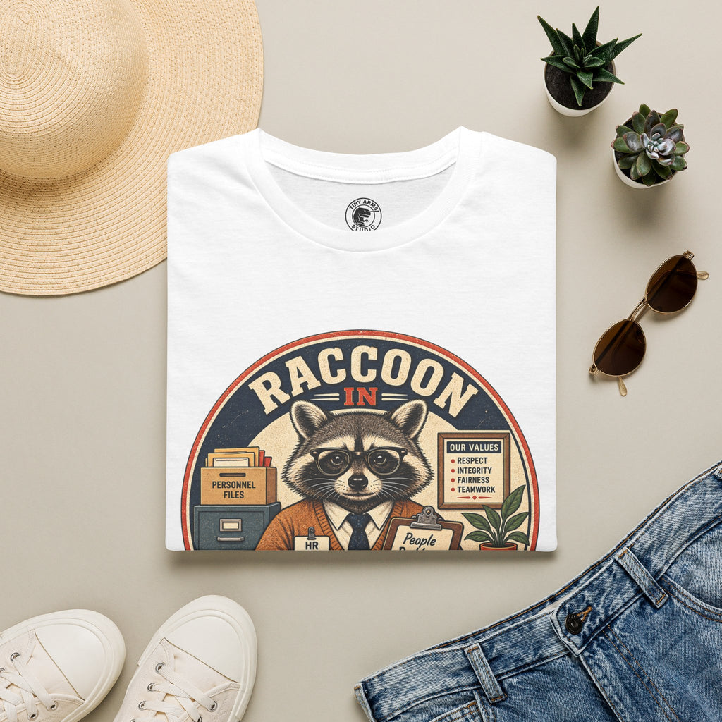 Raccoon in HR T-Shirt | Office Humor, Retro Animal Illustration