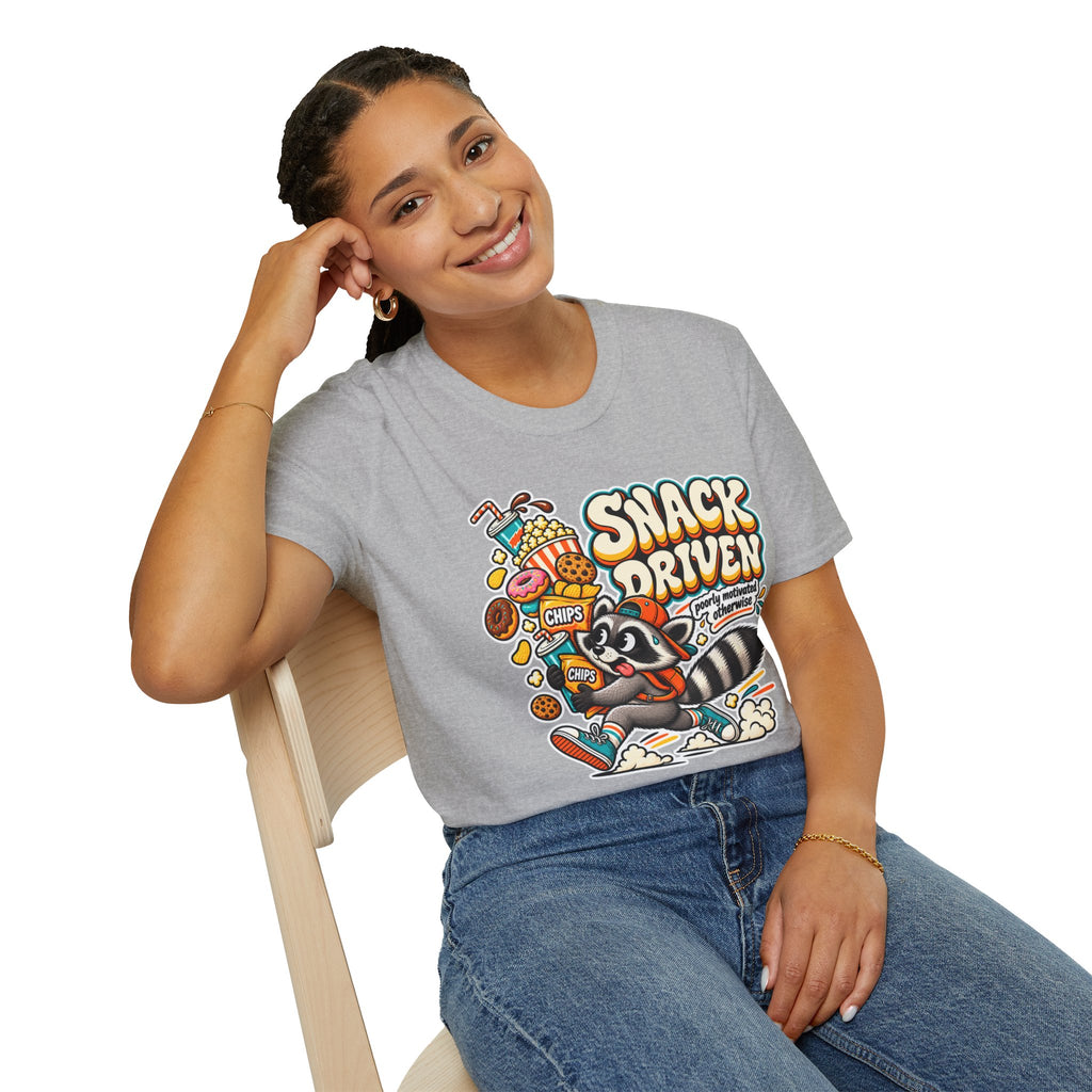 Snack Driven Raccoon Graphic T-Shirt | Snack Lover Cartoon Design