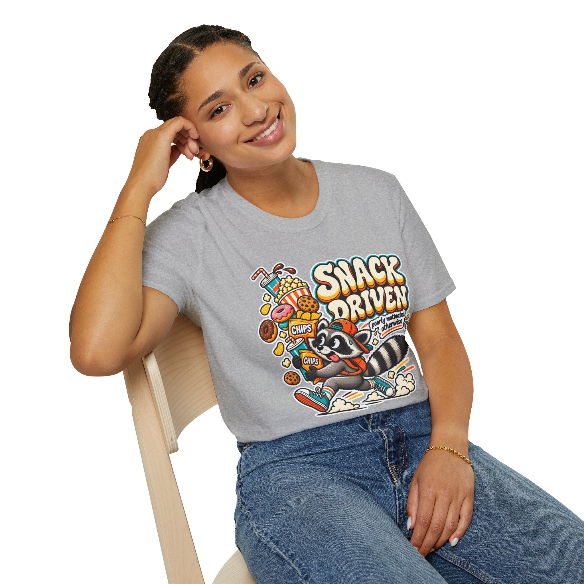 Snack Driven Raccoon Graphic T-Shirt | Snack Lover Cartoon Design