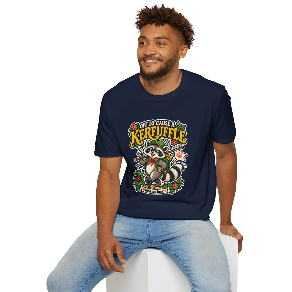 Off To Cause A Kerfuffle Raccoon T-Shirt | Cute Mischief Woodland Design