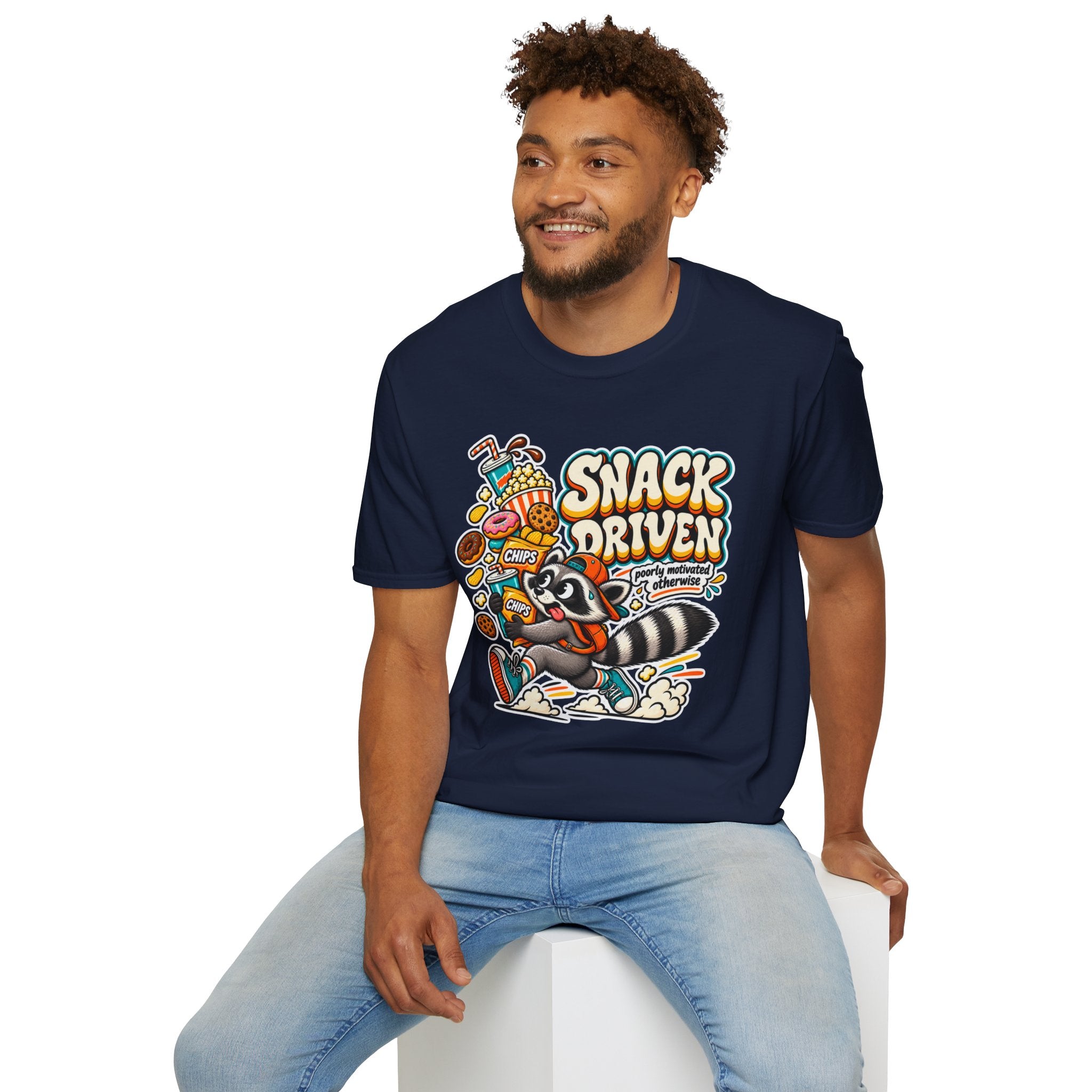 Snack Driven Raccoon Graphic T-Shirt | Snack Lover Cartoon Design