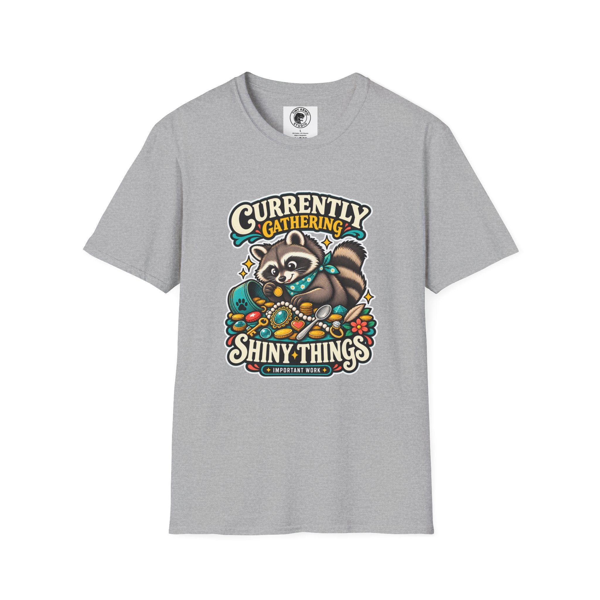 Currently Gathering Shiny Things Raccoon T-Shirt | Cute Forest Animal Tee