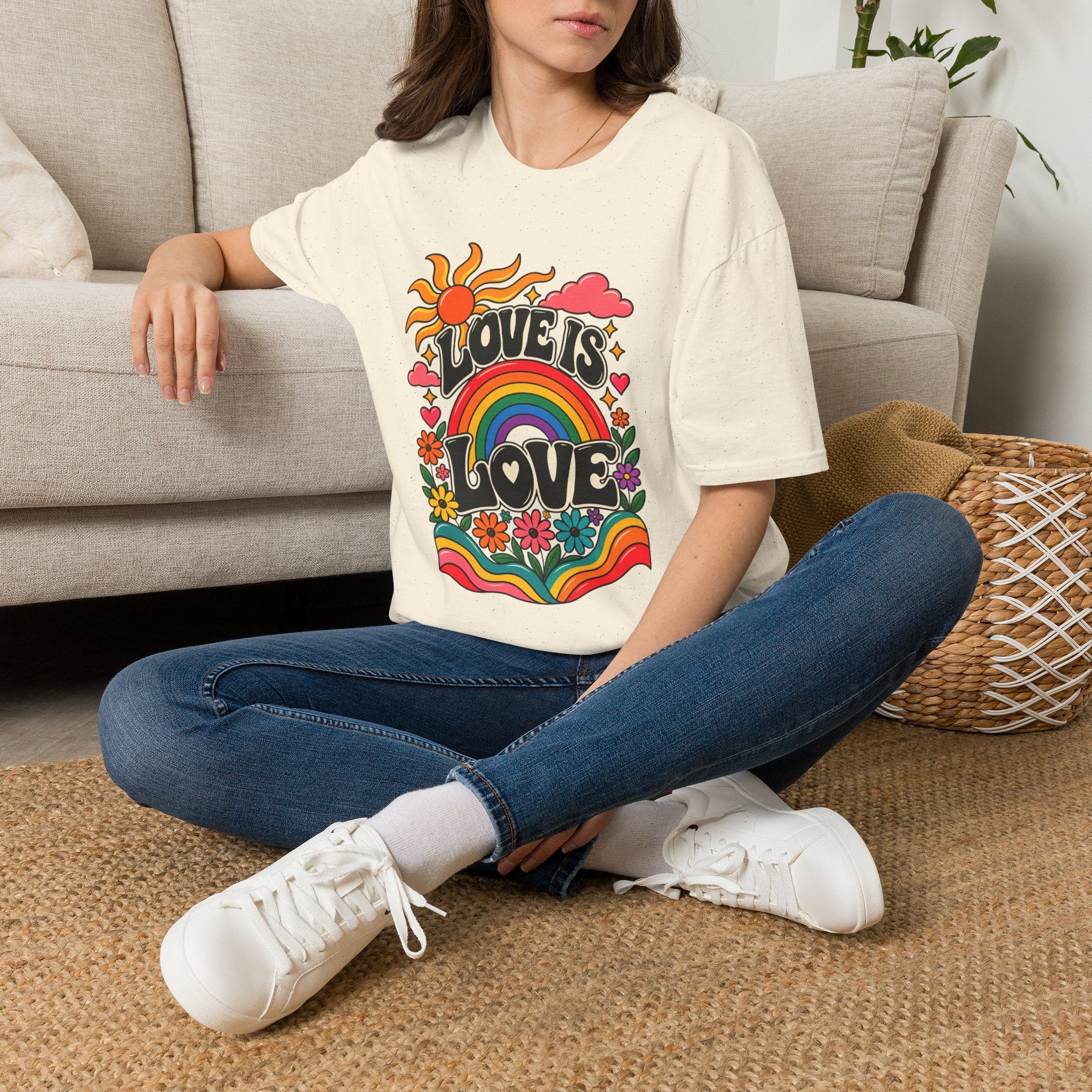 Love Is Love rainbow retro print T-Shirt | Pride, 70s sun design