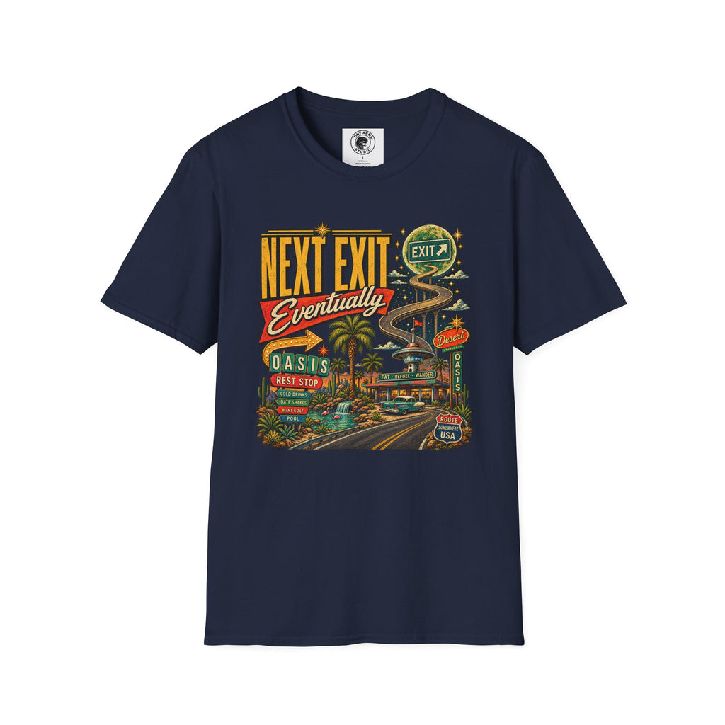 Next Exit Eventually Roadtrip Graphic T-Shirt | Retro Highway Illustration
