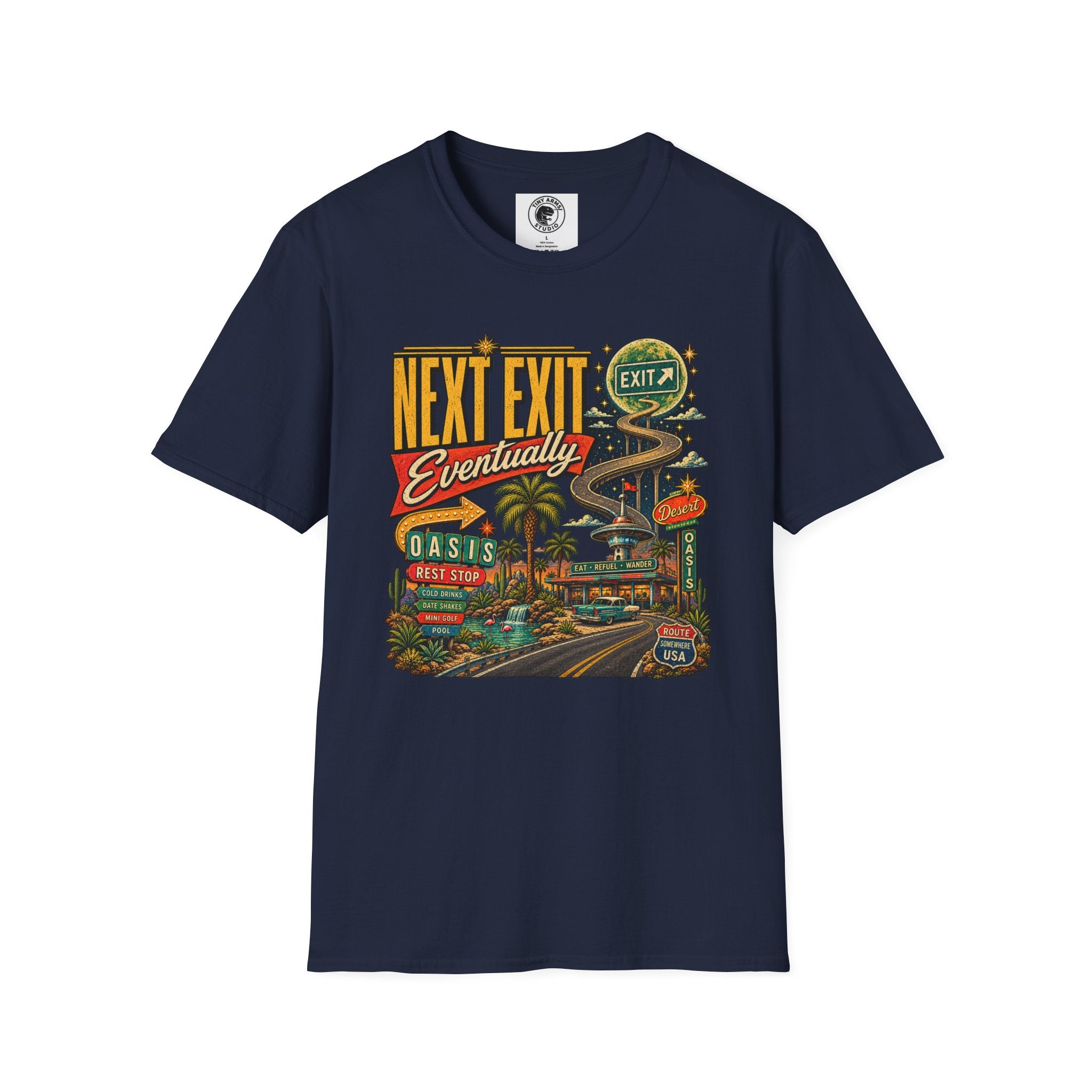 Next Exit Eventually Roadtrip Graphic T-Shirt | Retro Highway Illustration