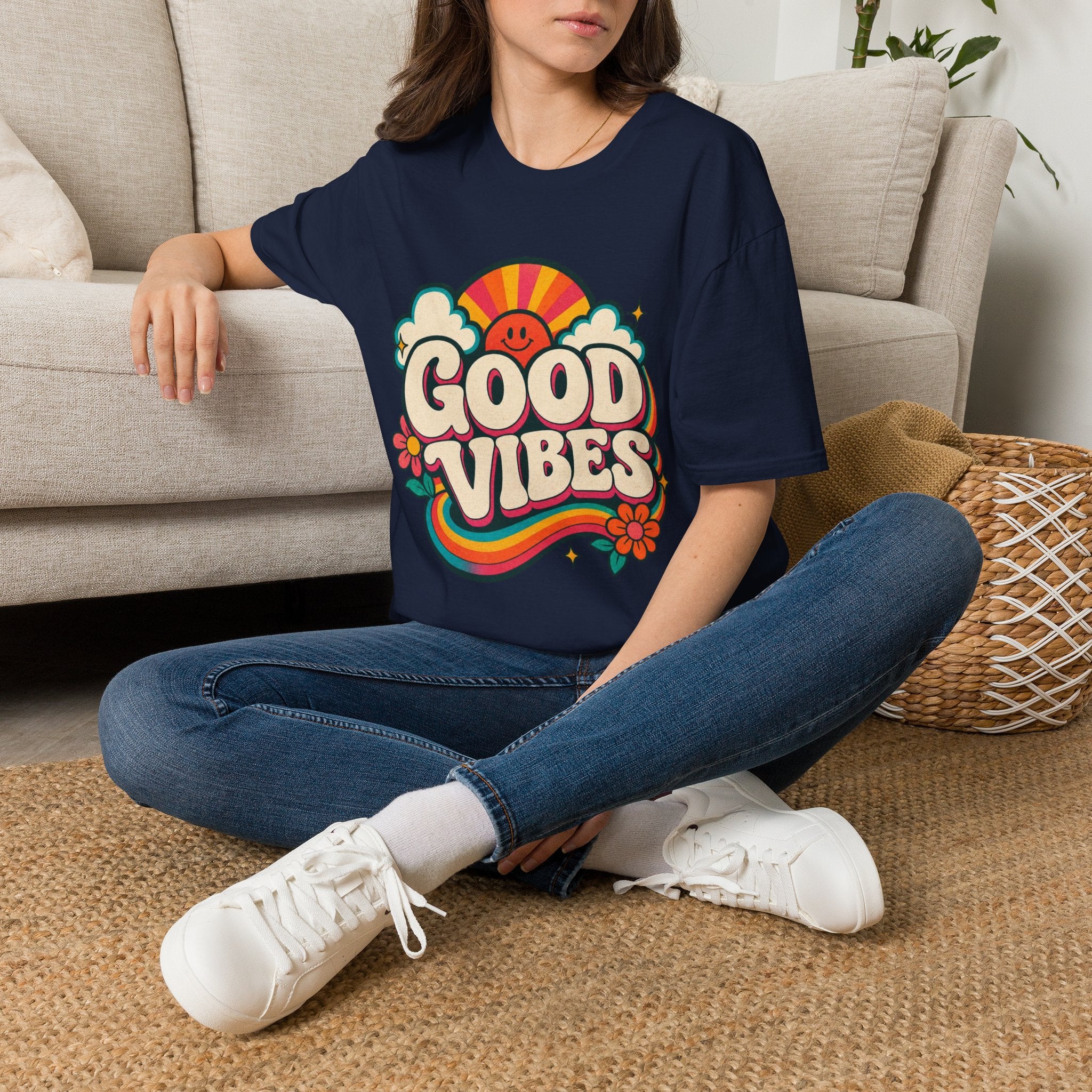 Good Vibes T-Shirt | Retro Rainbow Smiley Tee