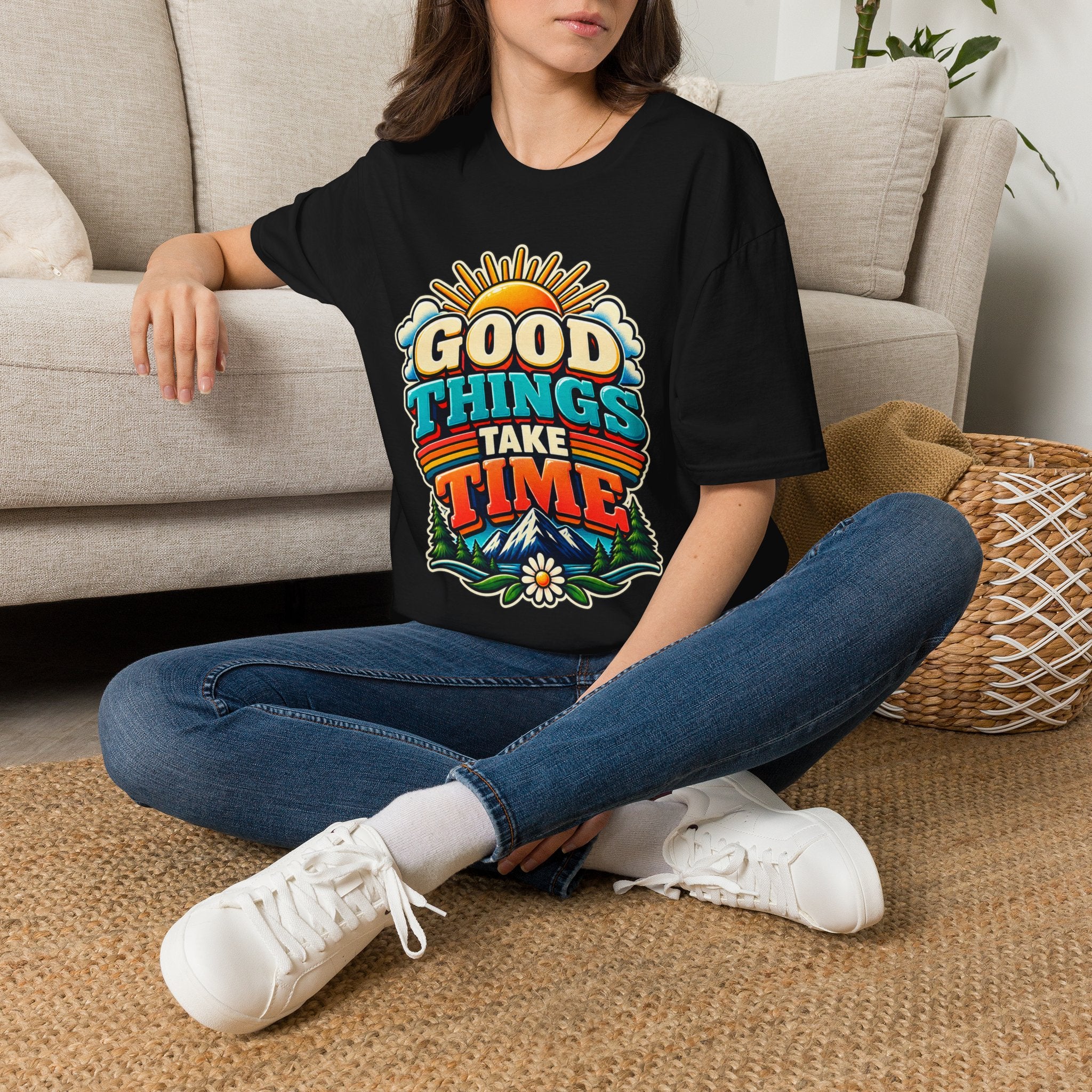 Good Things Take Time T-Shirt | Retro Sunrise Typography
