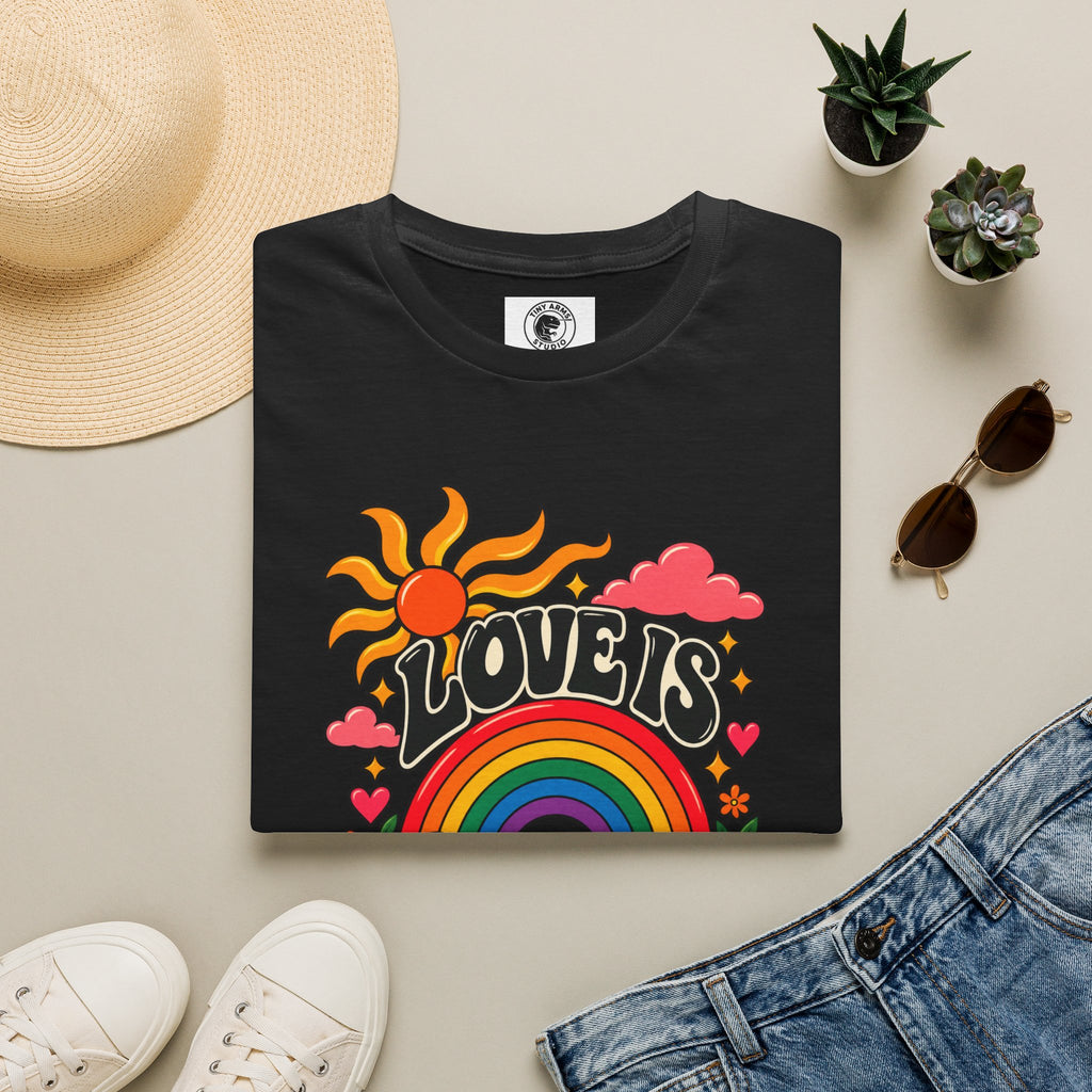 Love Is Love rainbow retro print T-Shirt | Pride, 70s sun design