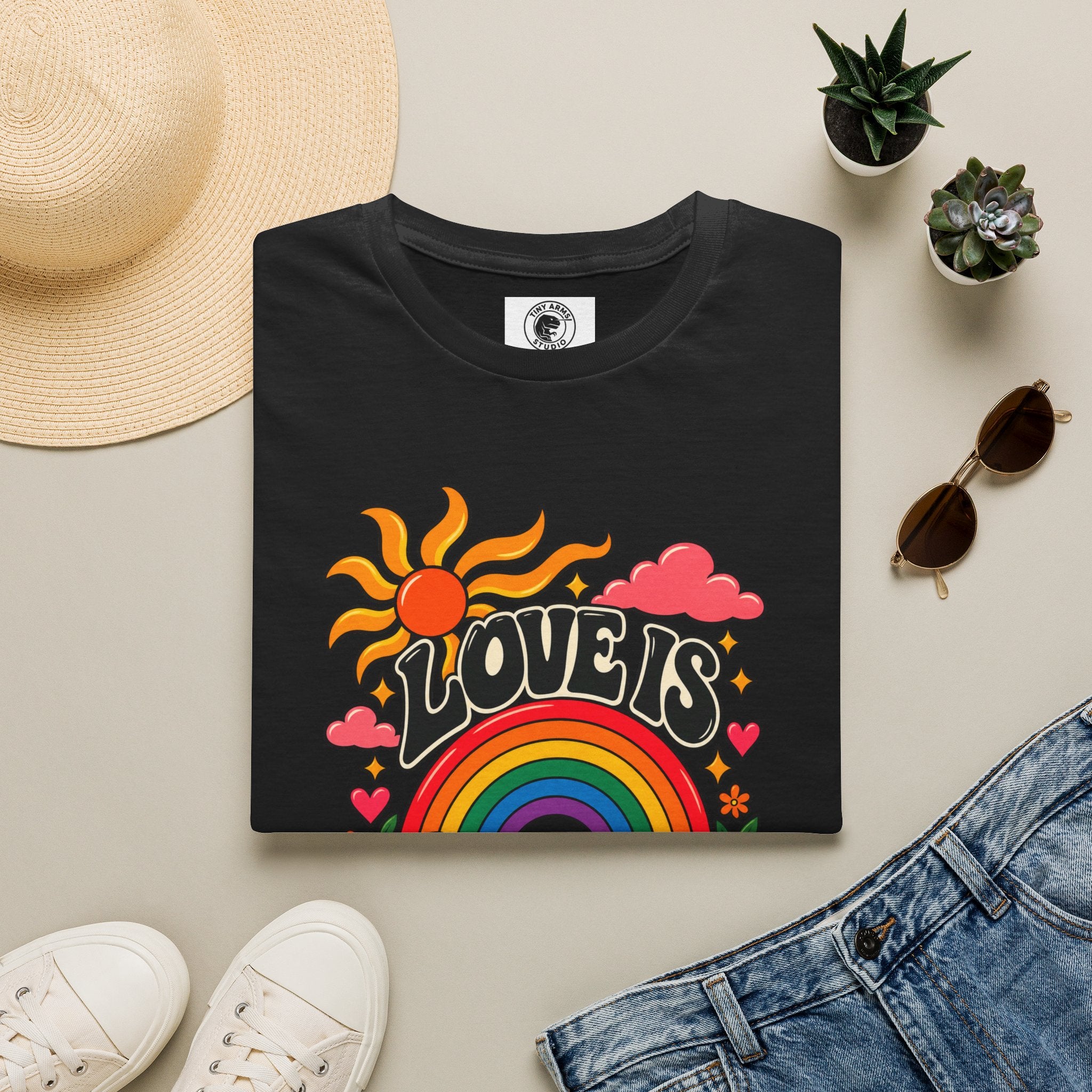 Love Is Love rainbow retro print T-Shirt | Pride, 70s sun design