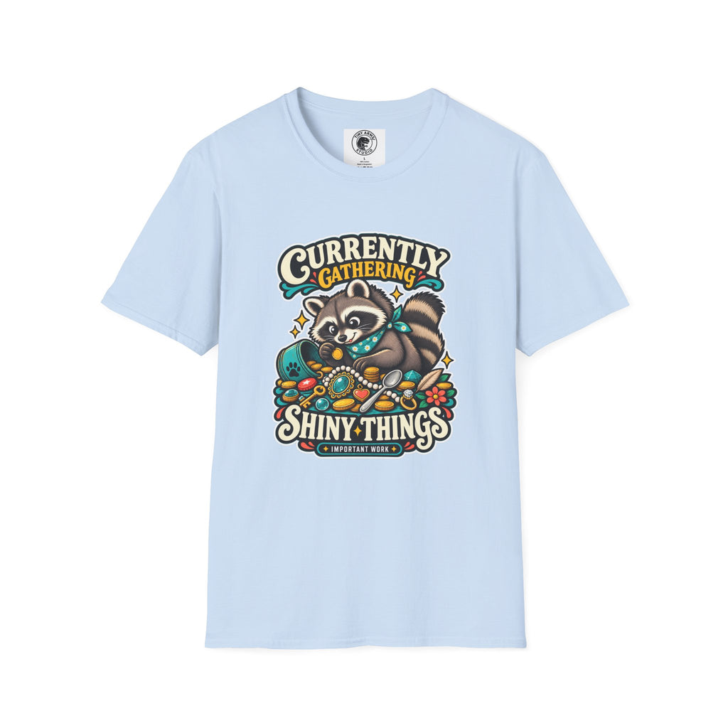 Currently Gathering Shiny Things Raccoon T-Shirt | Cute Forest Animal Tee