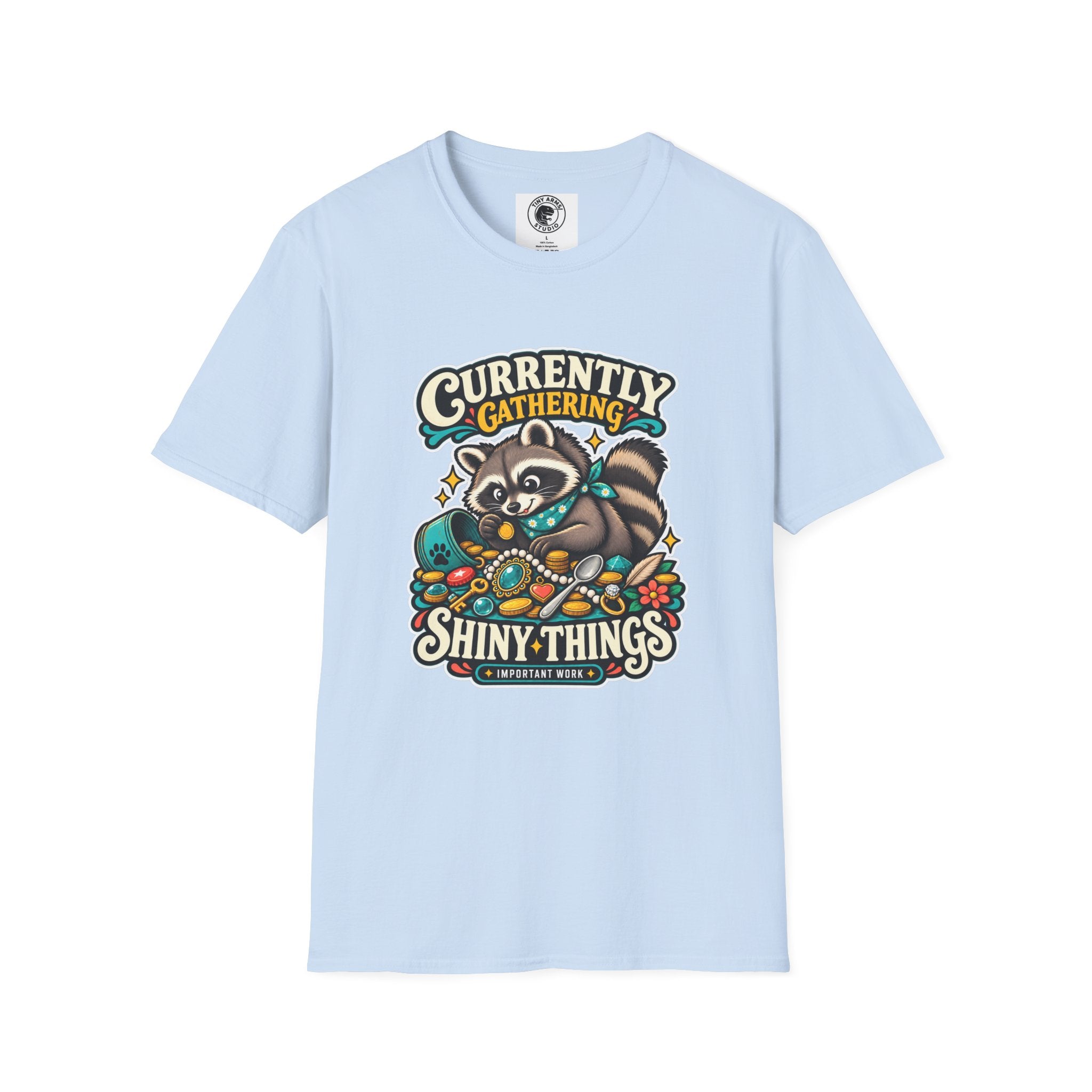 Currently Gathering Shiny Things Raccoon T-Shirt | Cute Forest Animal Tee