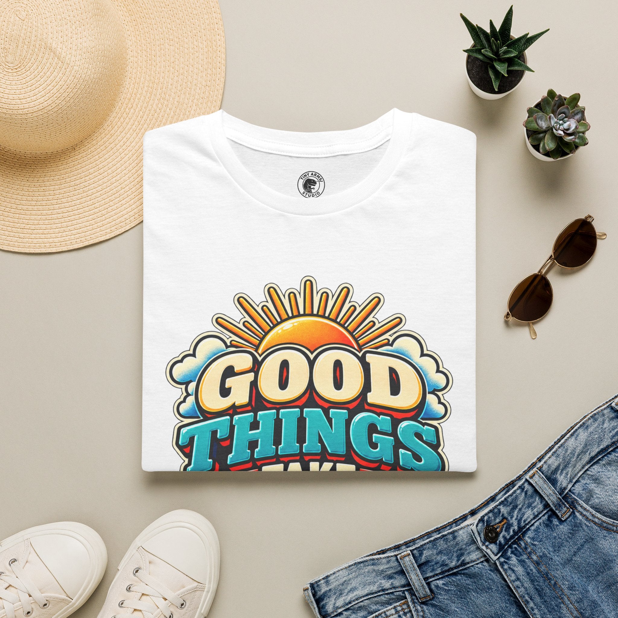 Good Things Take Time T-Shirt | Retro Sunrise Typography