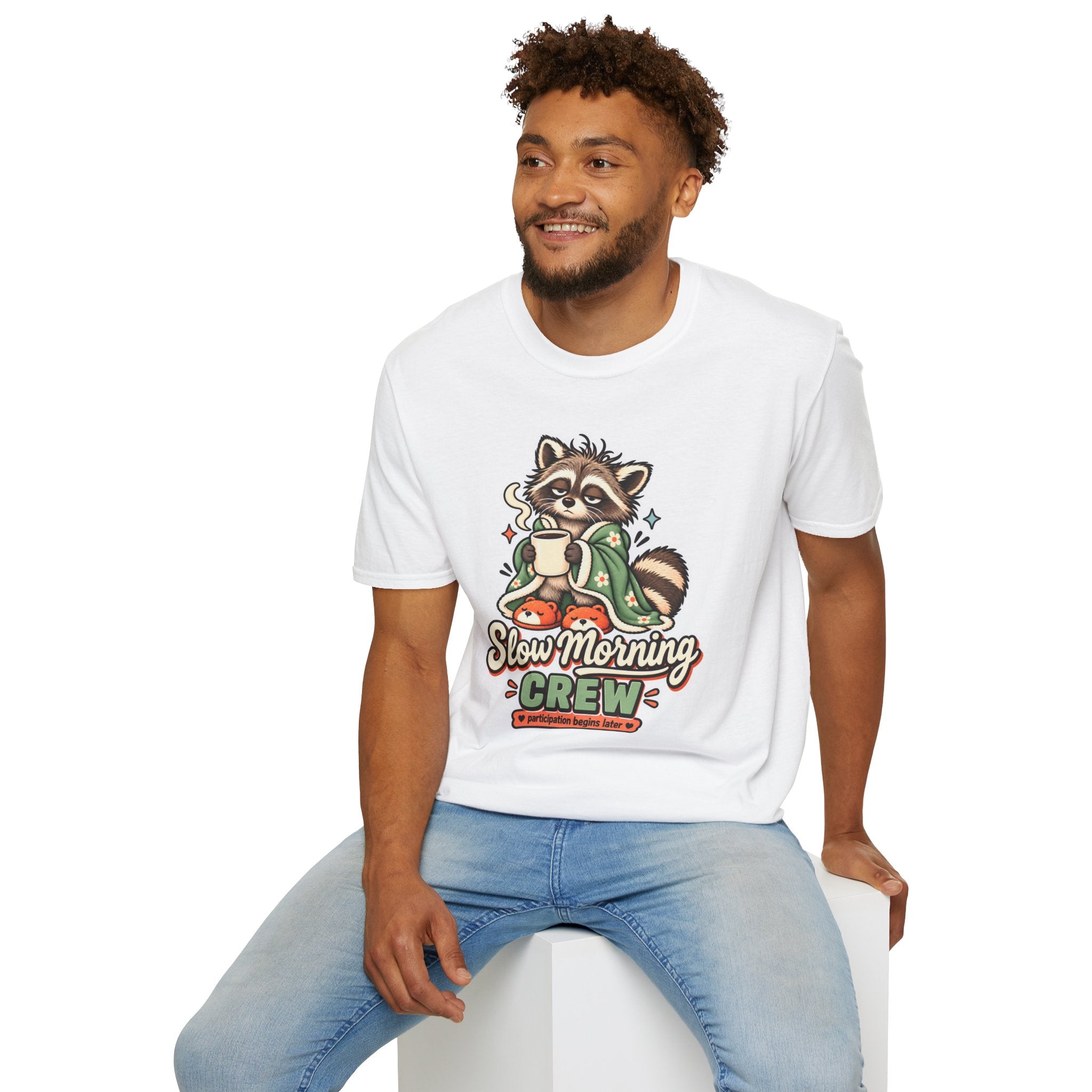Cozy Raccoon with Coffee T-Shirt | Slow Morning Crew Design