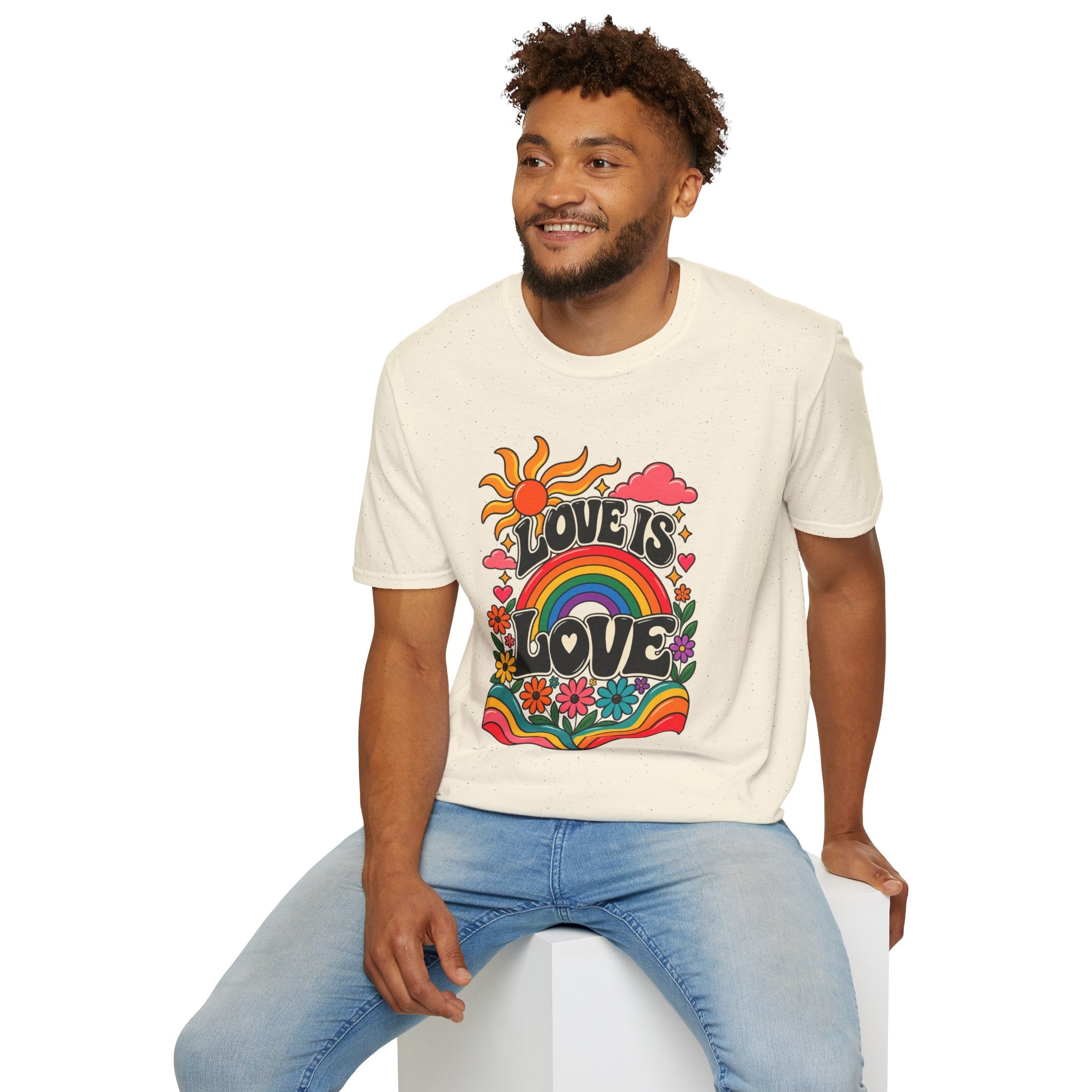 Love Is Love rainbow retro print T-Shirt | Pride, 70s sun design