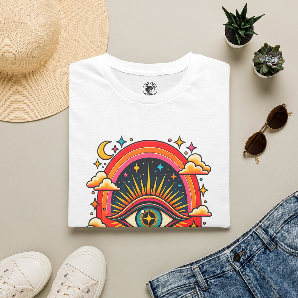 Psychedelic All-Seeing Eye T-Shirt | Rainbow Retro Sunburst
