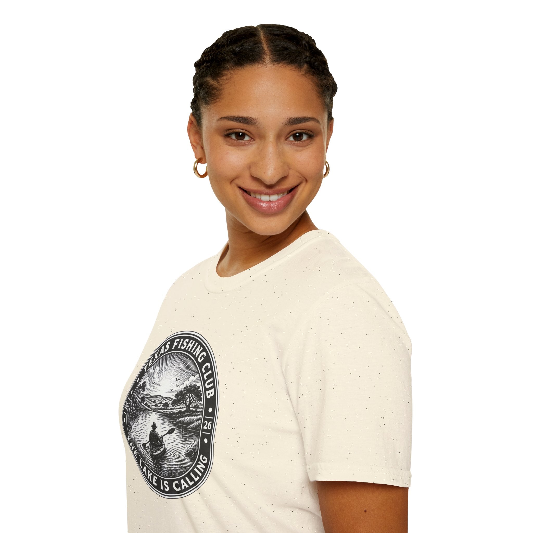 Texas Fishing Club lake scene T-Shirt | angler badge design