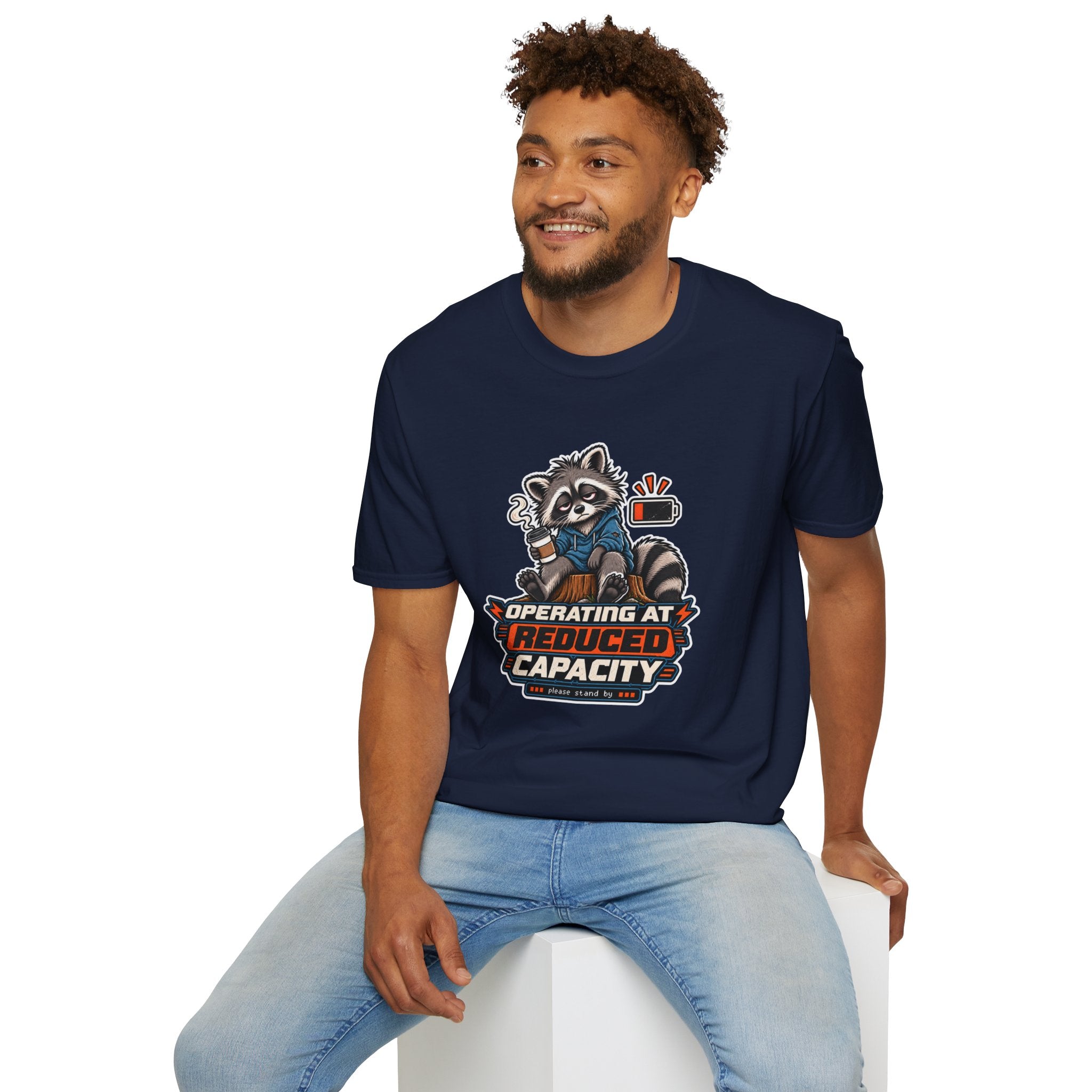 Funny Raccoon T-Shirt| Operating at Reduced Capacity| Low Battery Coffee Shirt