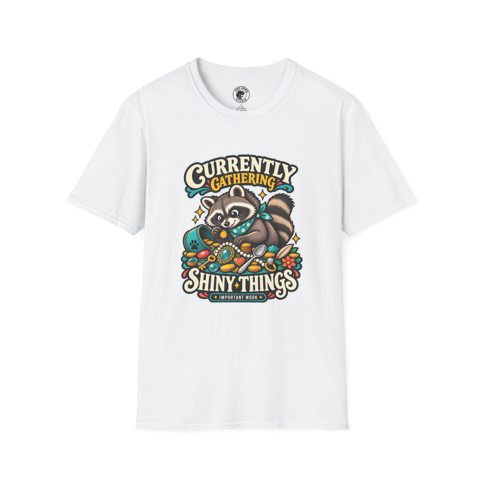 Currently Gathering Shiny Things Raccoon T-Shirt | Cute Forest Animal Tee