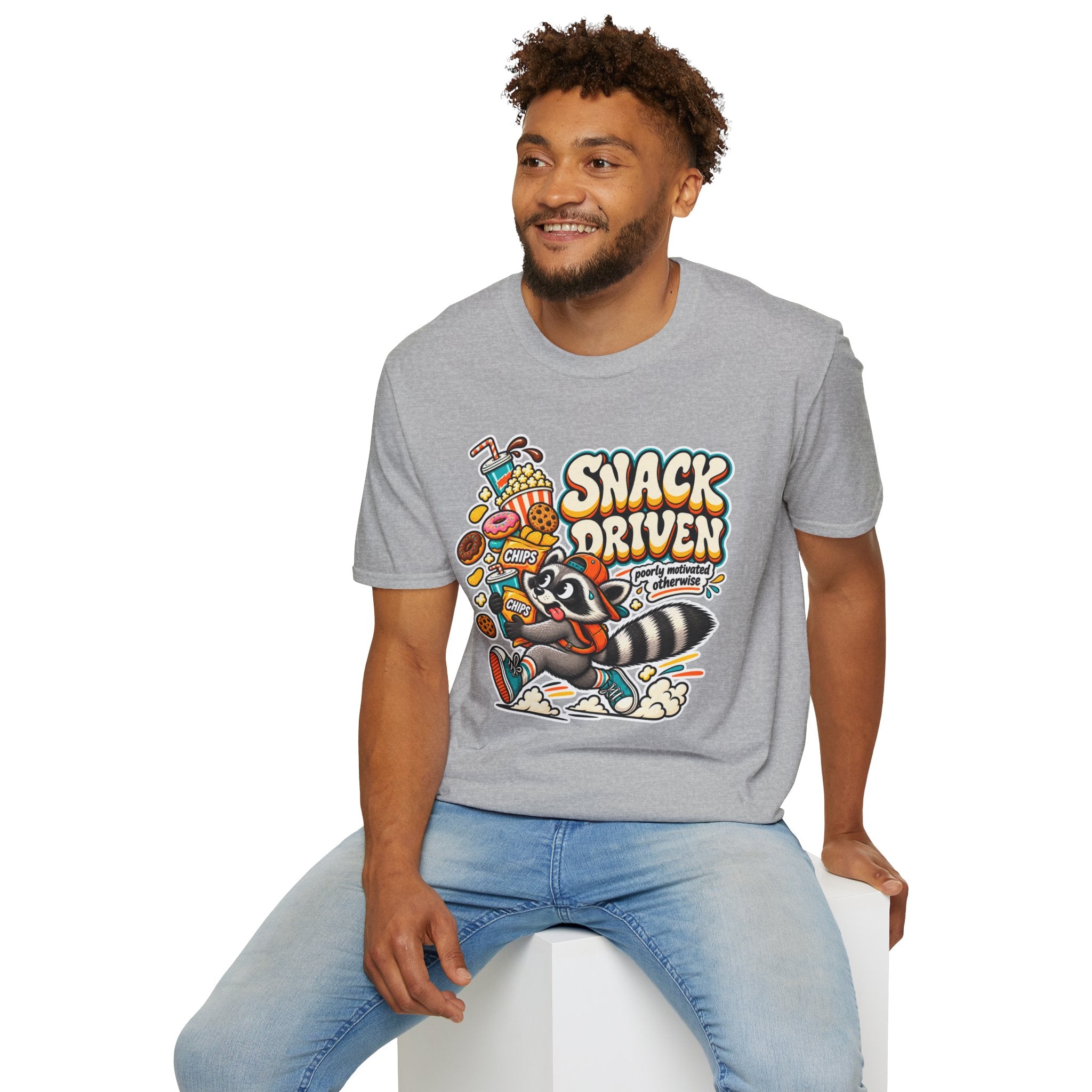 Snack Driven Raccoon Graphic T-Shirt | Snack Lover Cartoon Design
