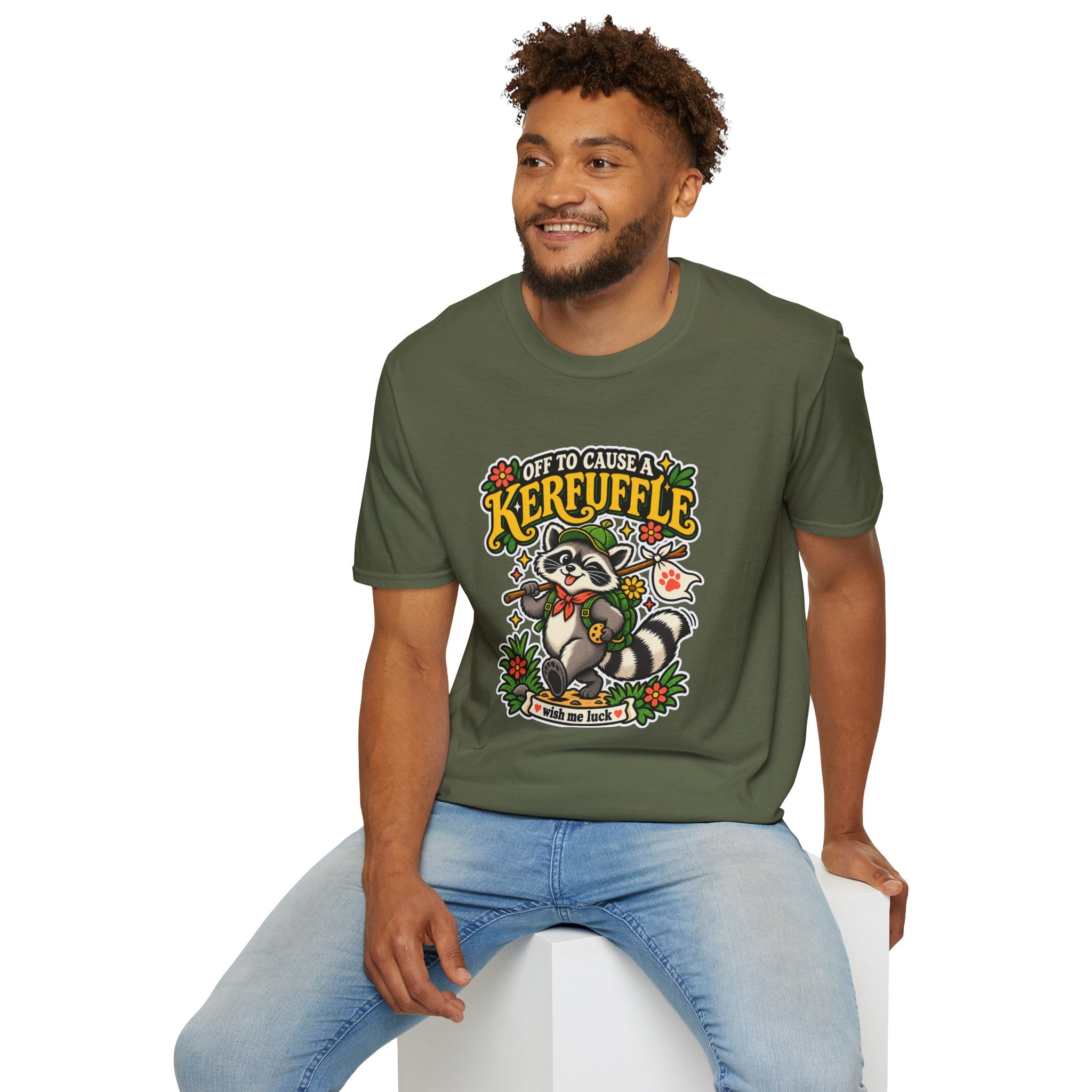 Off To Cause A Kerfuffle Raccoon T-Shirt | Cute Mischief Woodland Design