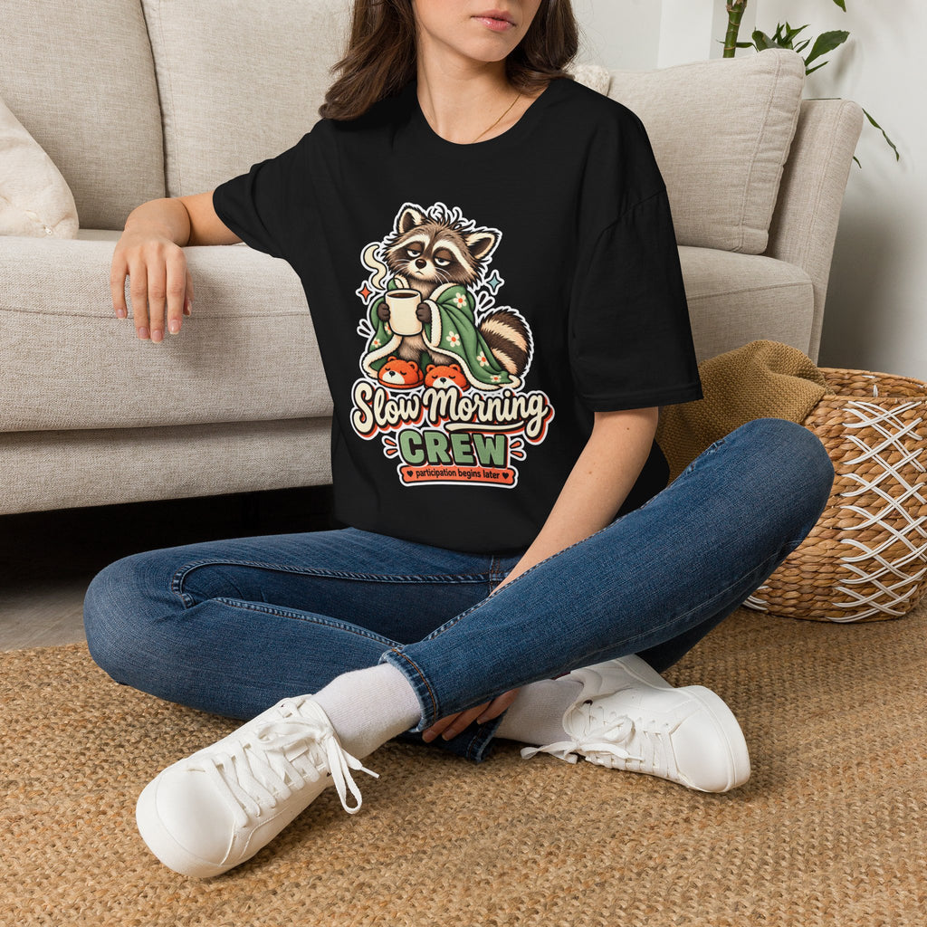 Cozy Raccoon with Coffee T-Shirt | Slow Morning Crew Design