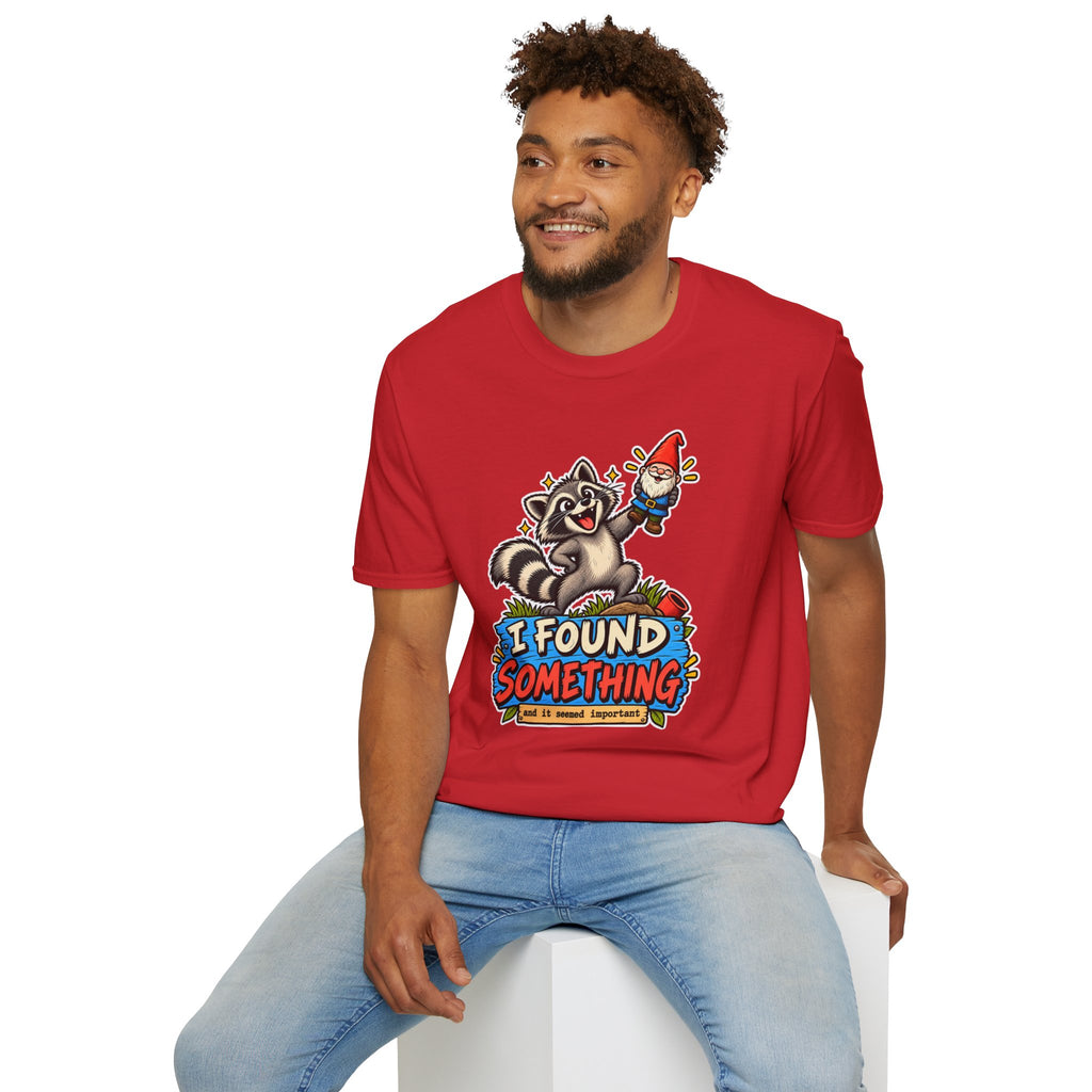 Playful Raccoon Holding Garden Gnome T-Shirt | I Found Something Graphic Tee