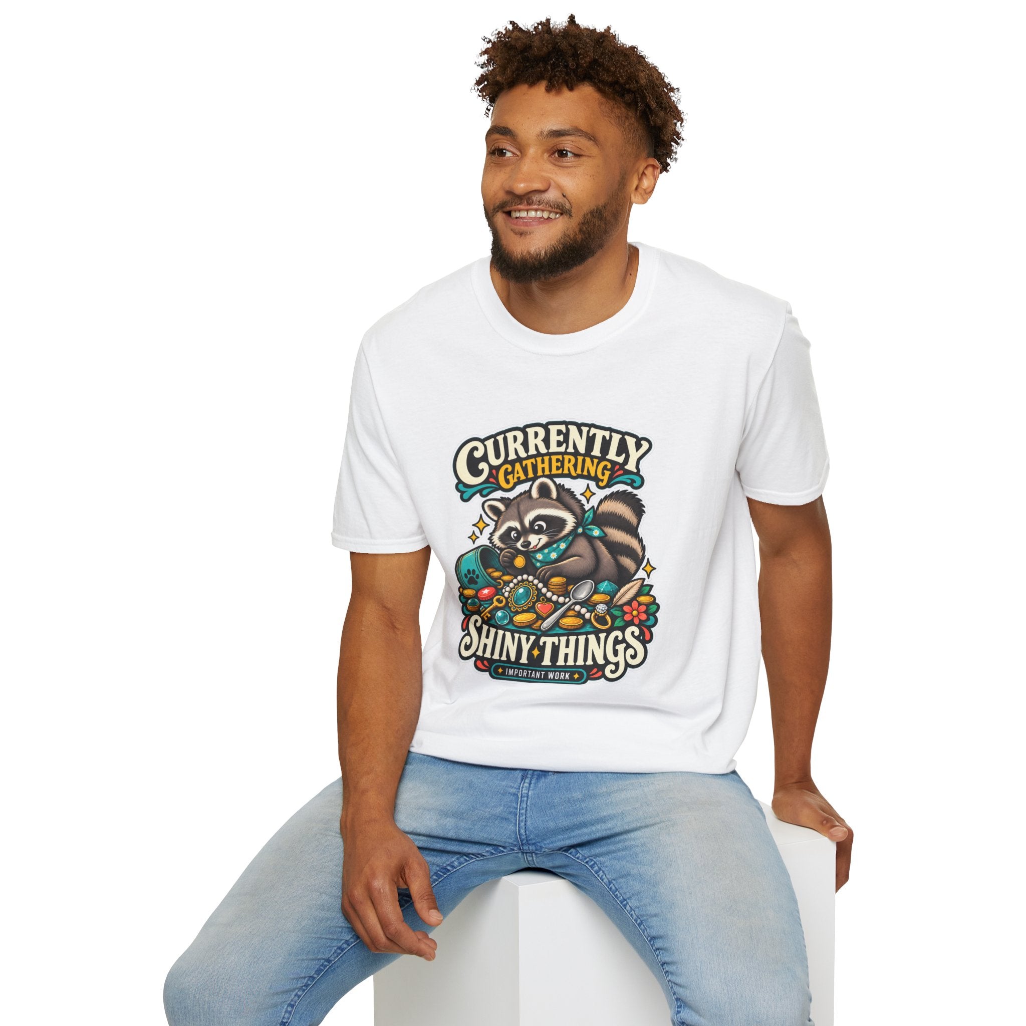 Currently Gathering Shiny Things Raccoon T-Shirt | Cute Forest Animal Tee
