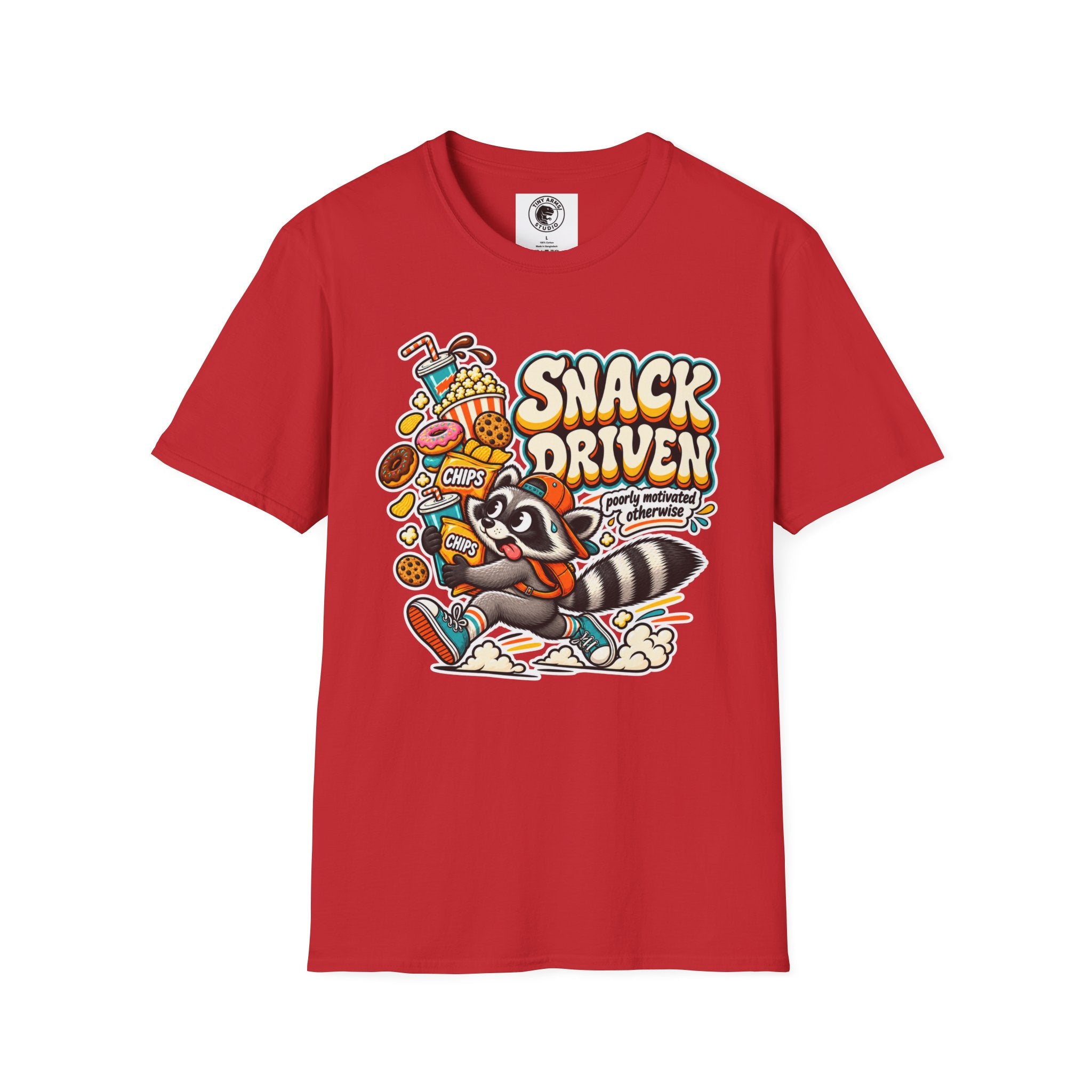 Snack Driven Raccoon Graphic T-Shirt | Snack Lover Cartoon Design