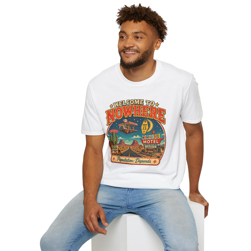 Welcome to Nowhere T-Shirt | Retro Desert Motel Road Trip Design