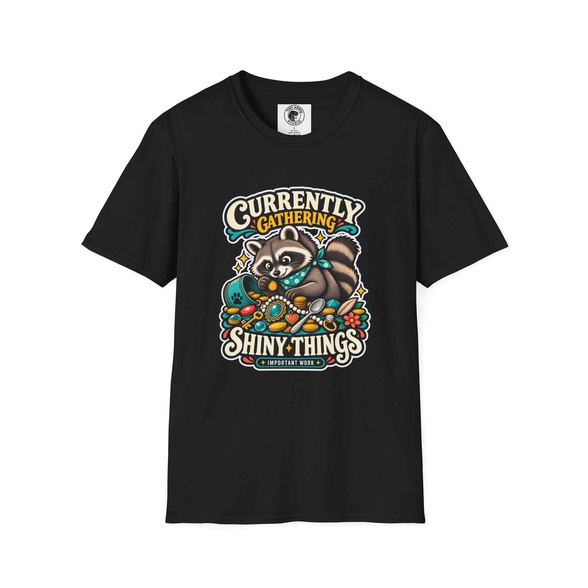 Currently Gathering Shiny Things Raccoon T-Shirt | Cute Forest Animal Tee