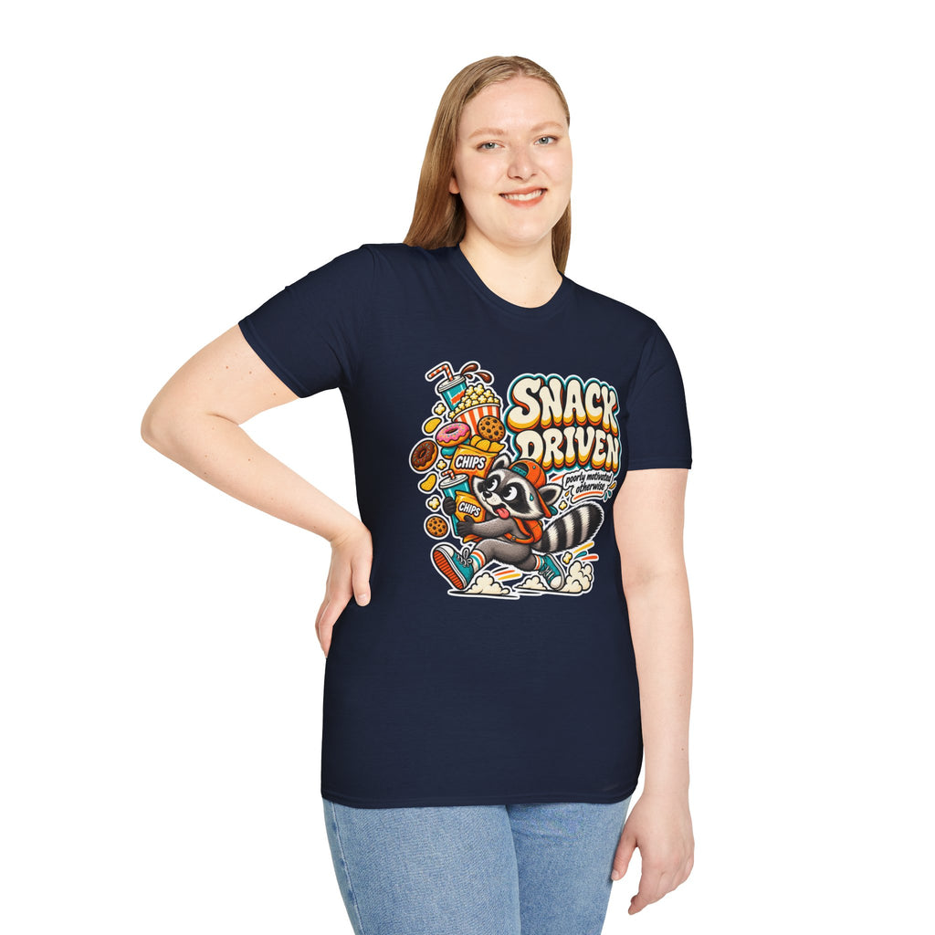 Snack Driven Raccoon Graphic T-Shirt | Snack Lover Cartoon Design