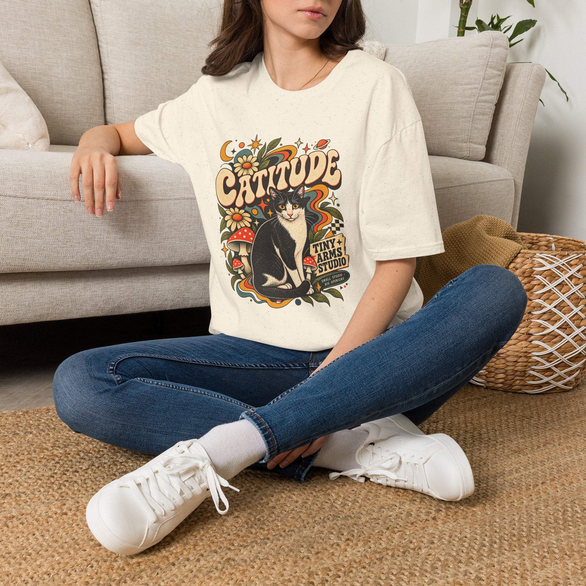 Catitude Retro Cat Graphic Tee | Vintage 70s Tuxedo Cat Shirt