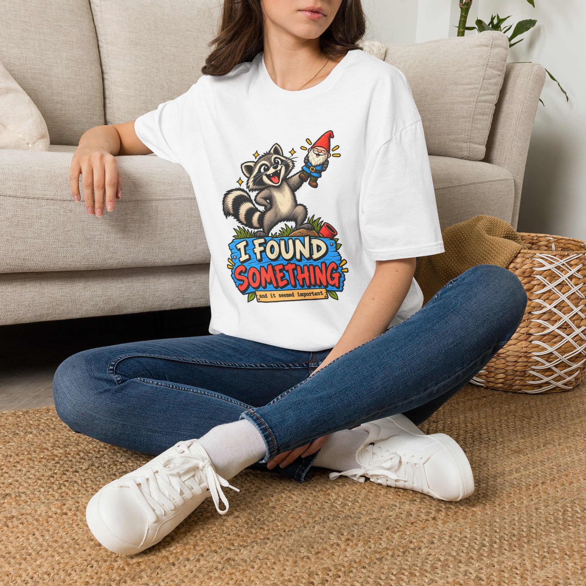 Playful Raccoon Holding Garden Gnome T-Shirt | I Found Something Graphic Tee