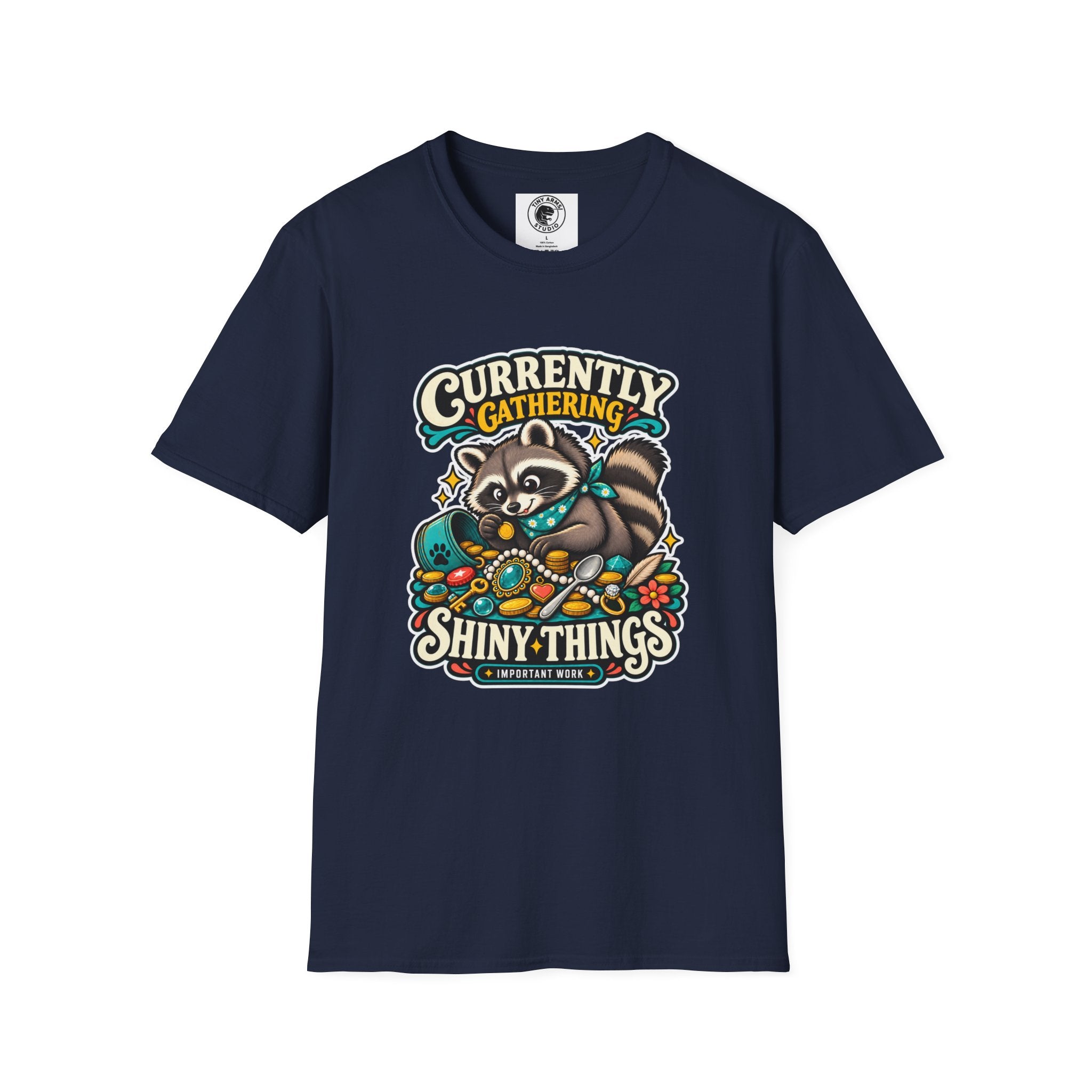 Currently Gathering Shiny Things Raccoon T-Shirt | Cute Forest Animal Tee