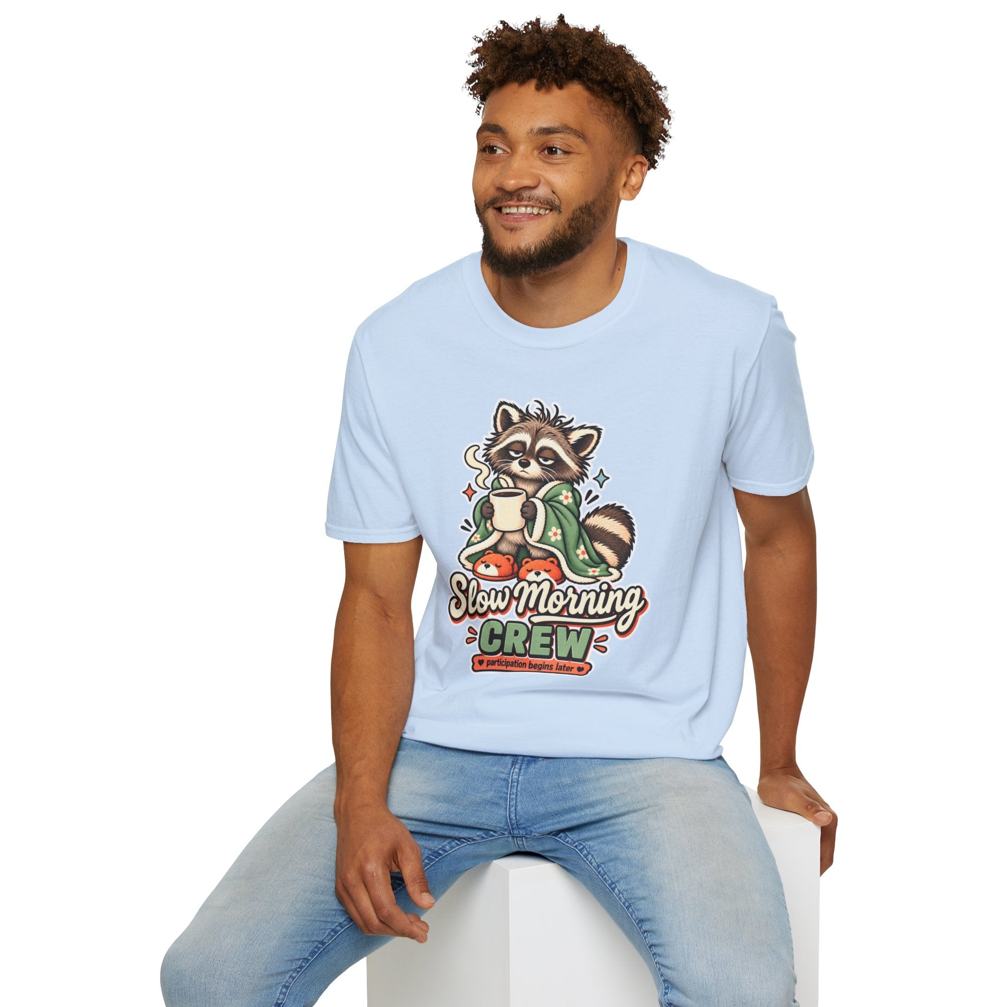 Cozy Raccoon with Coffee T-Shirt | Slow Morning Crew Design