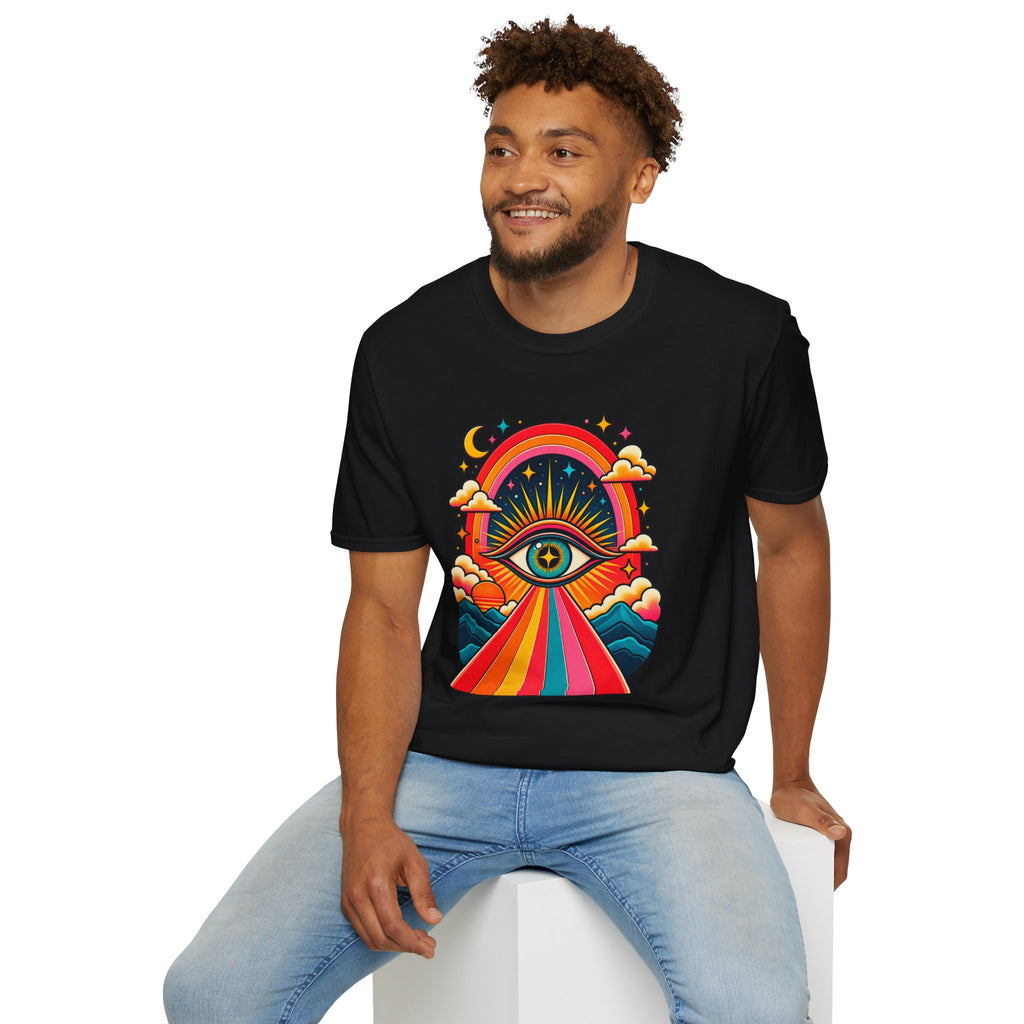 Psychedelic All-Seeing Eye T-Shirt | Rainbow Retro Sunburst