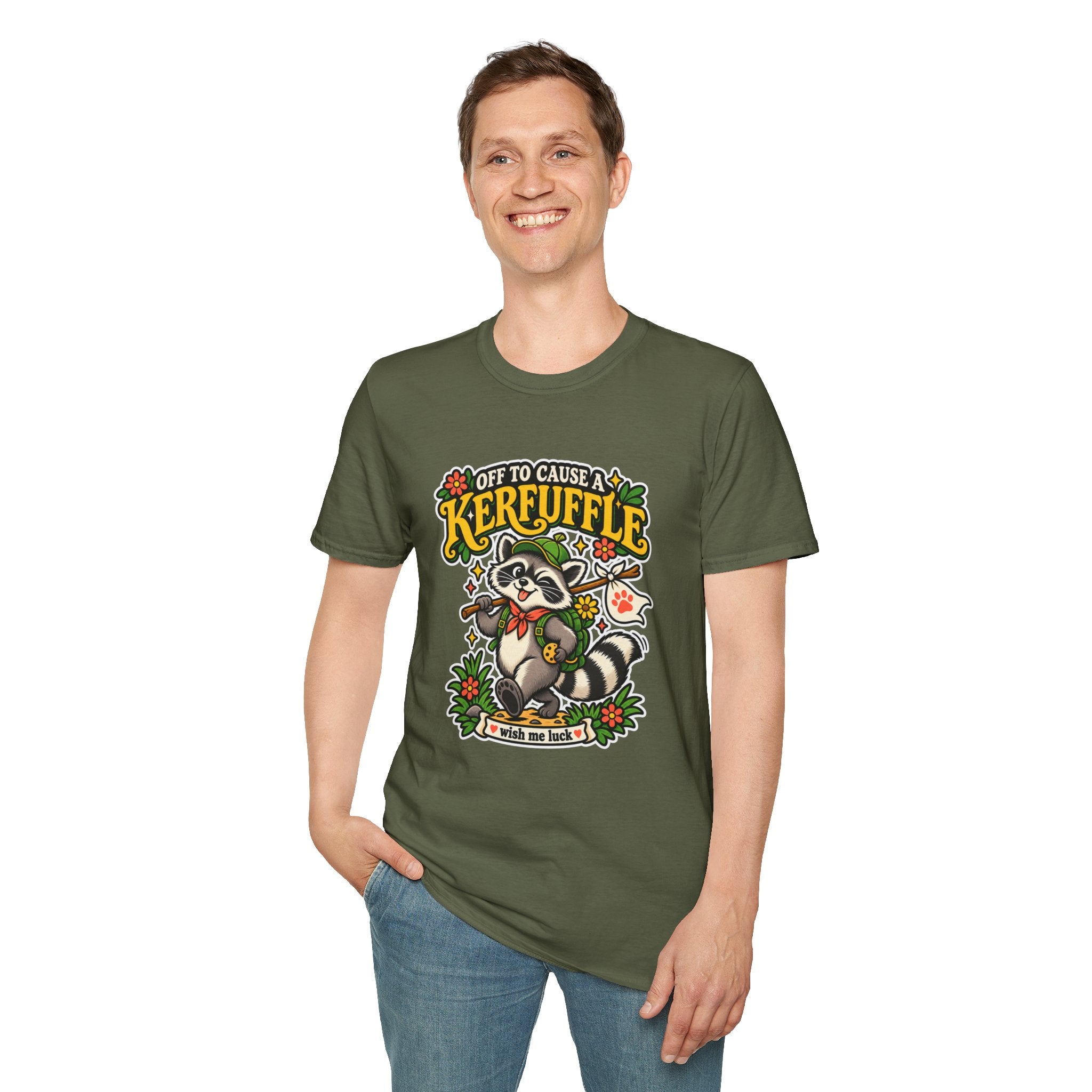 Off To Cause A Kerfuffle Raccoon T-Shirt | Cute Mischief Woodland Design