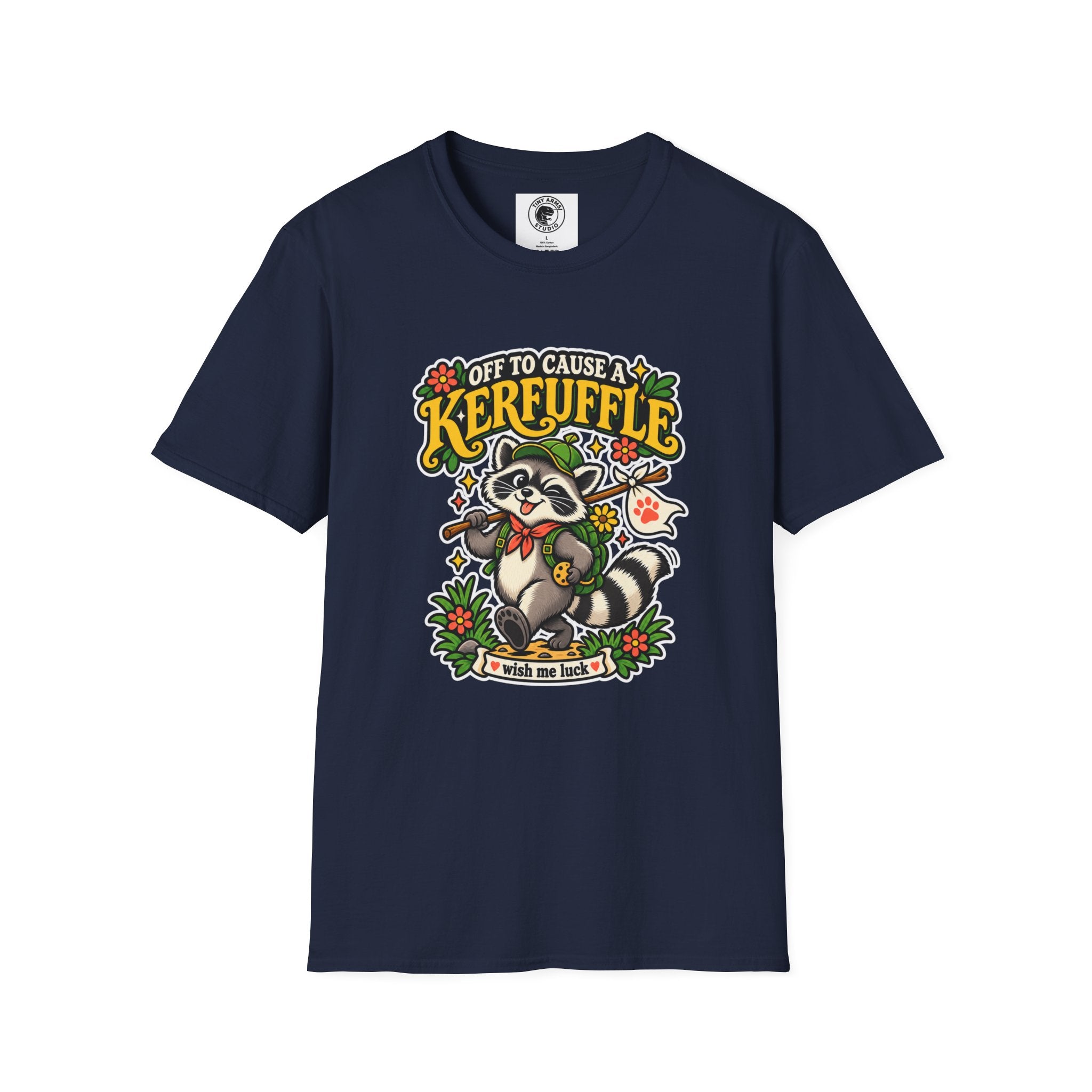 Off To Cause A Kerfuffle Raccoon T-Shirt | Cute Mischief Woodland Design