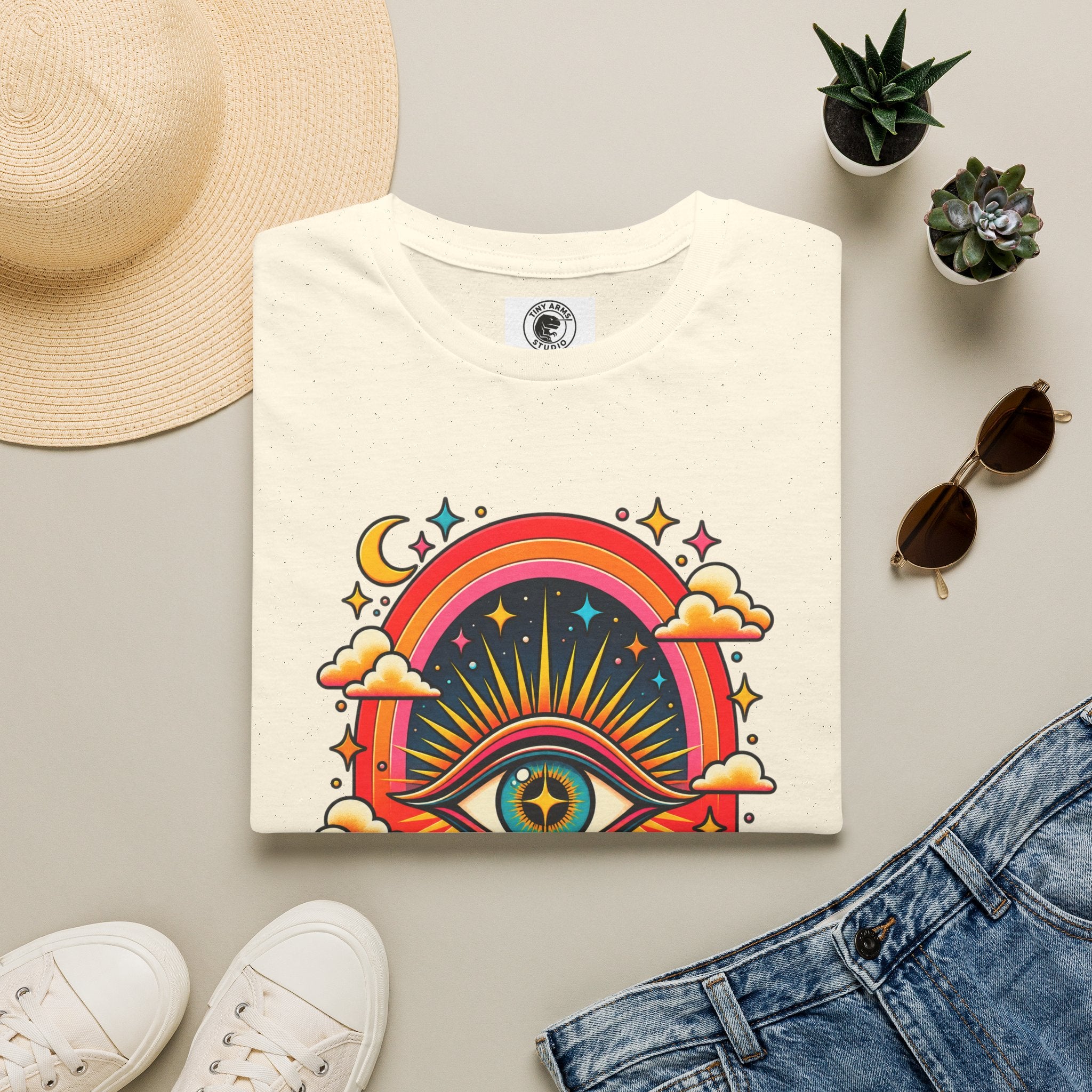 Psychedelic All-Seeing Eye T-Shirt | Rainbow Retro Sunburst