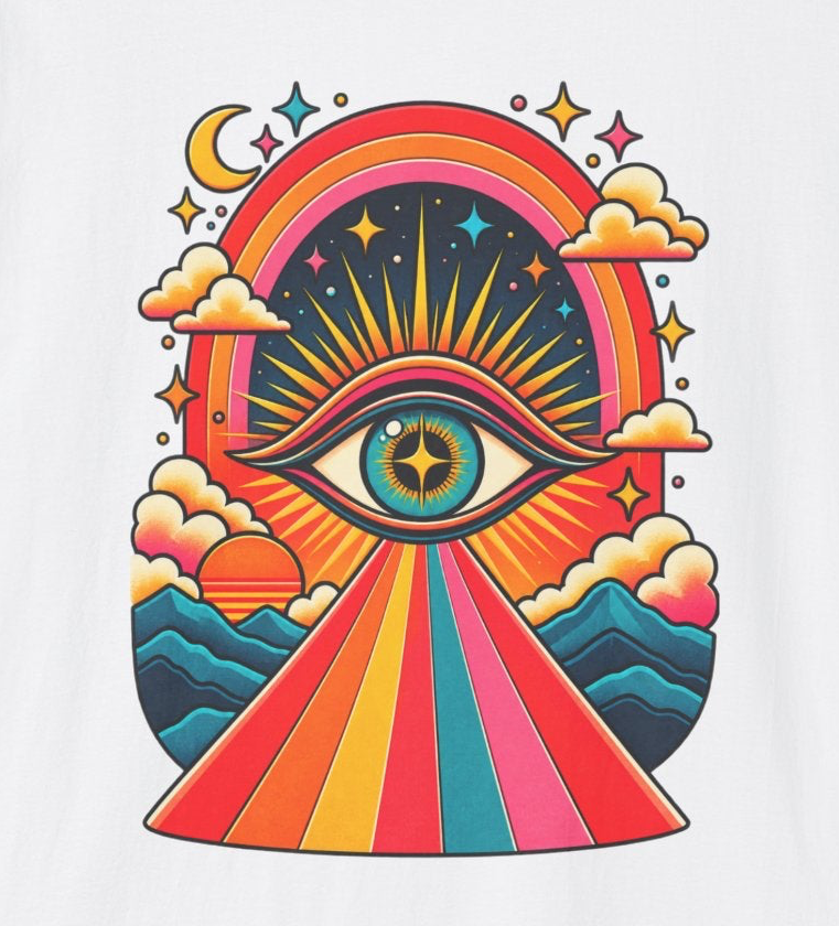 Psychedelic All-Seeing Eye T-Shirt | Rainbow Retro Sunburst