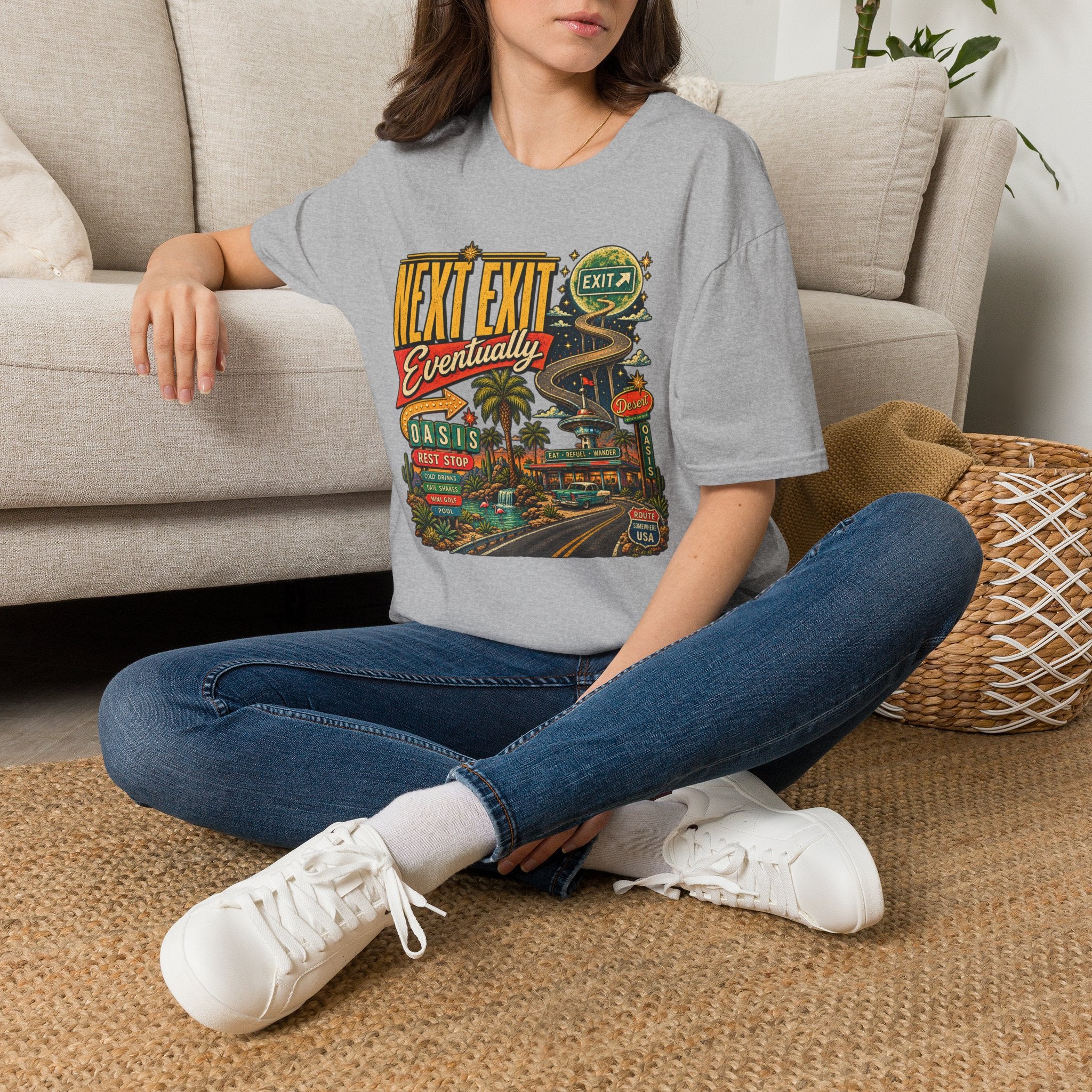 Next Exit Eventually Roadtrip Graphic T-Shirt | Retro Highway Illustration