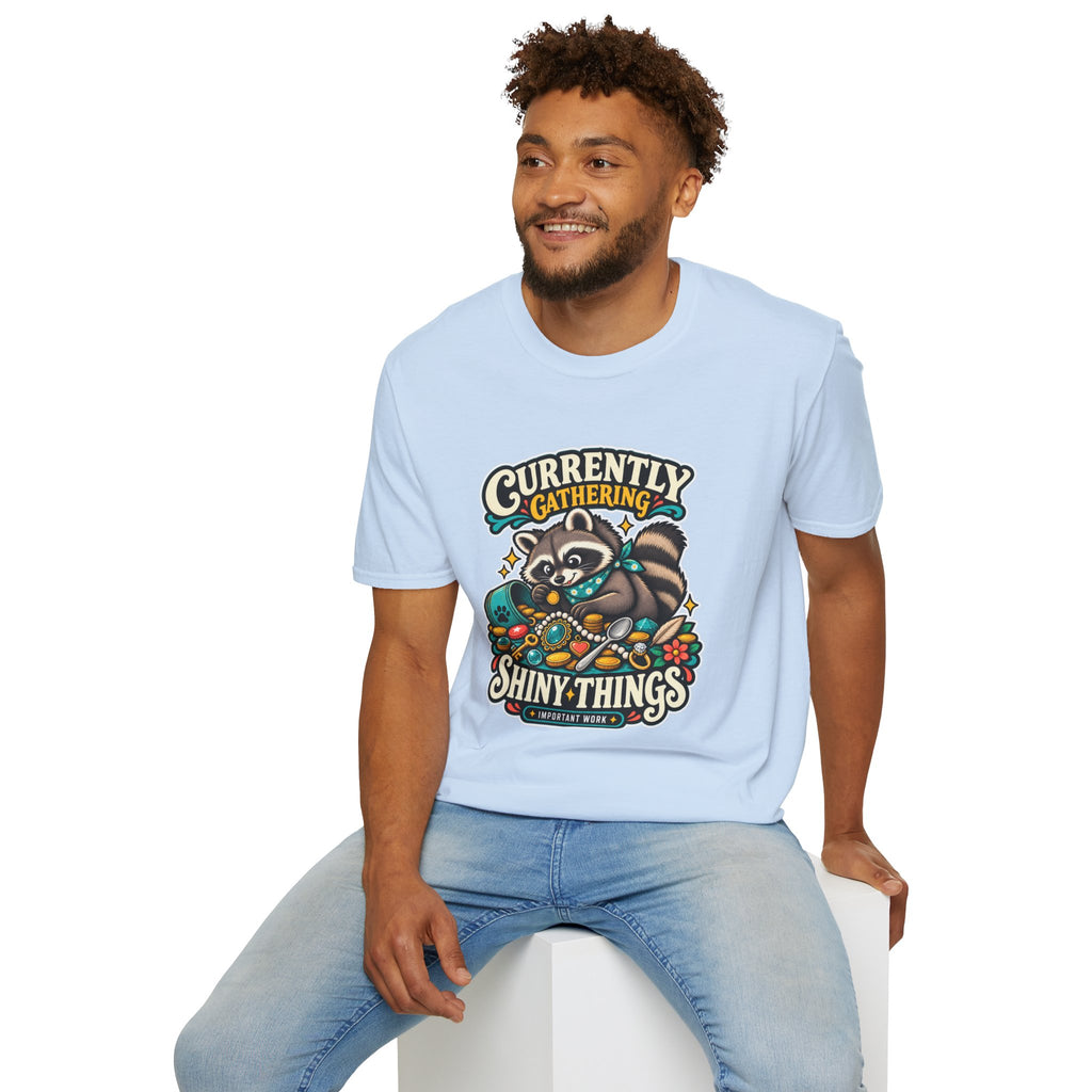 Currently Gathering Shiny Things Raccoon T-Shirt | Cute Forest Animal Tee