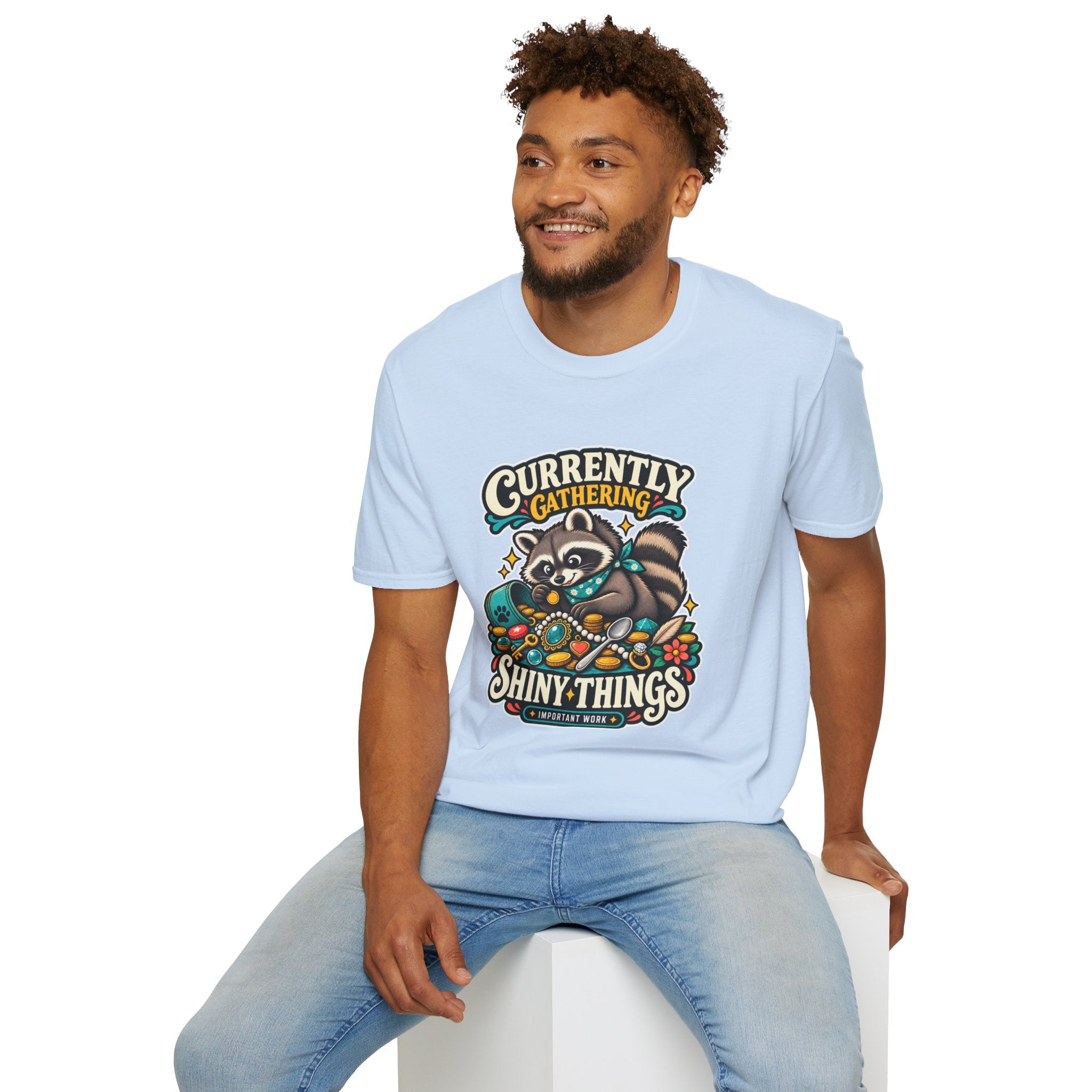 Currently Gathering Shiny Things Raccoon T-Shirt | Cute Forest Animal Tee