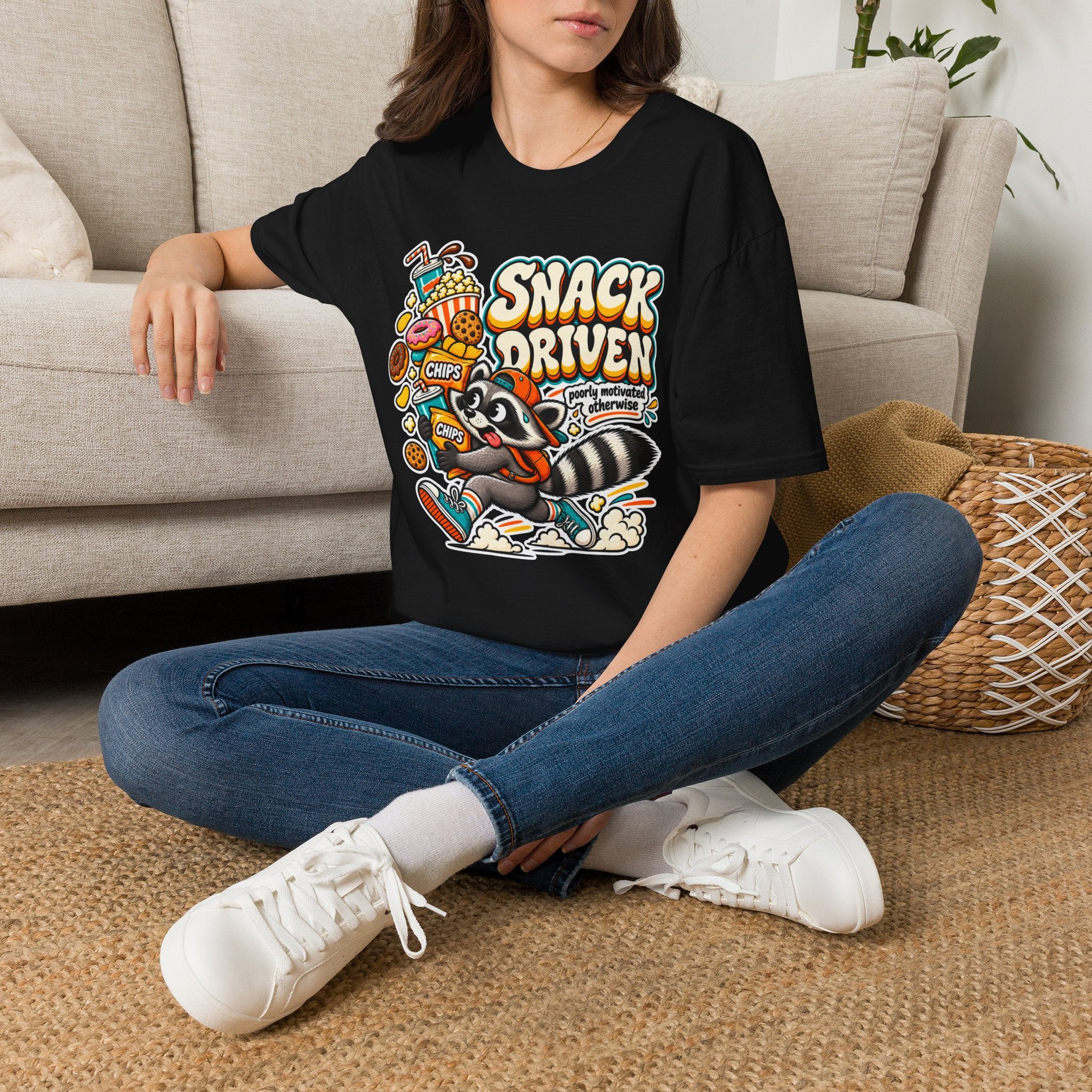 Snack Driven Raccoon Graphic T-Shirt | Snack Lover Cartoon Design