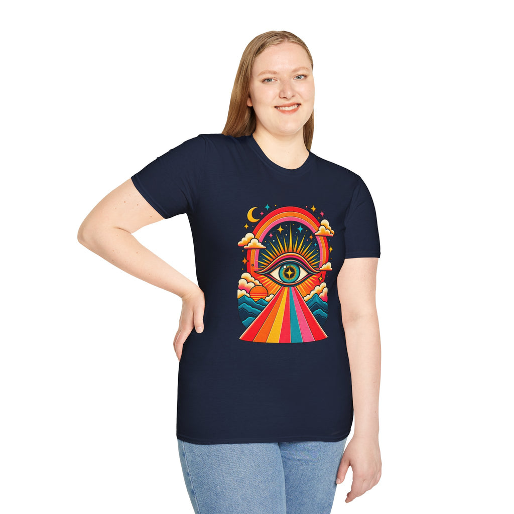 Psychedelic All-Seeing Eye T-Shirt | Rainbow Retro Sunburst