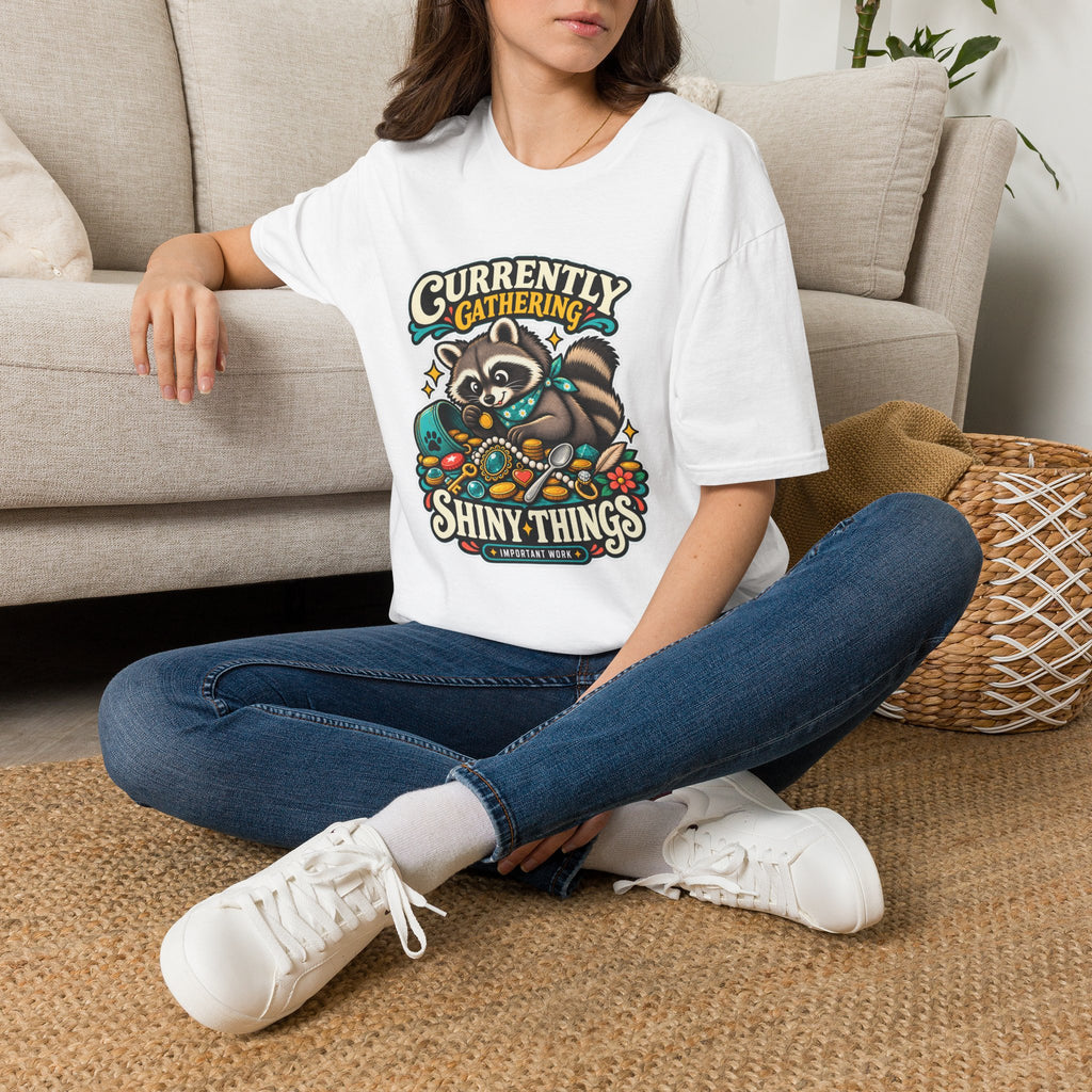 Currently Gathering Shiny Things Raccoon T-Shirt | Cute Forest Animal Tee